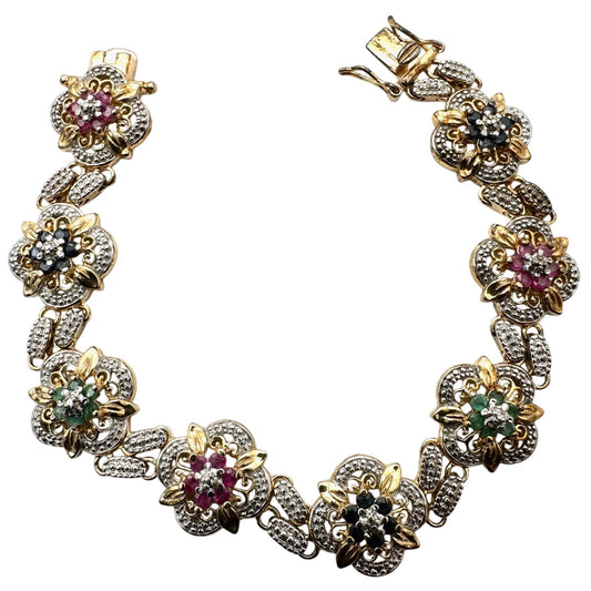 Ross Simons Ruby Emerald Sapphire Diamond Bracelet Gold Plated Sterling Silver