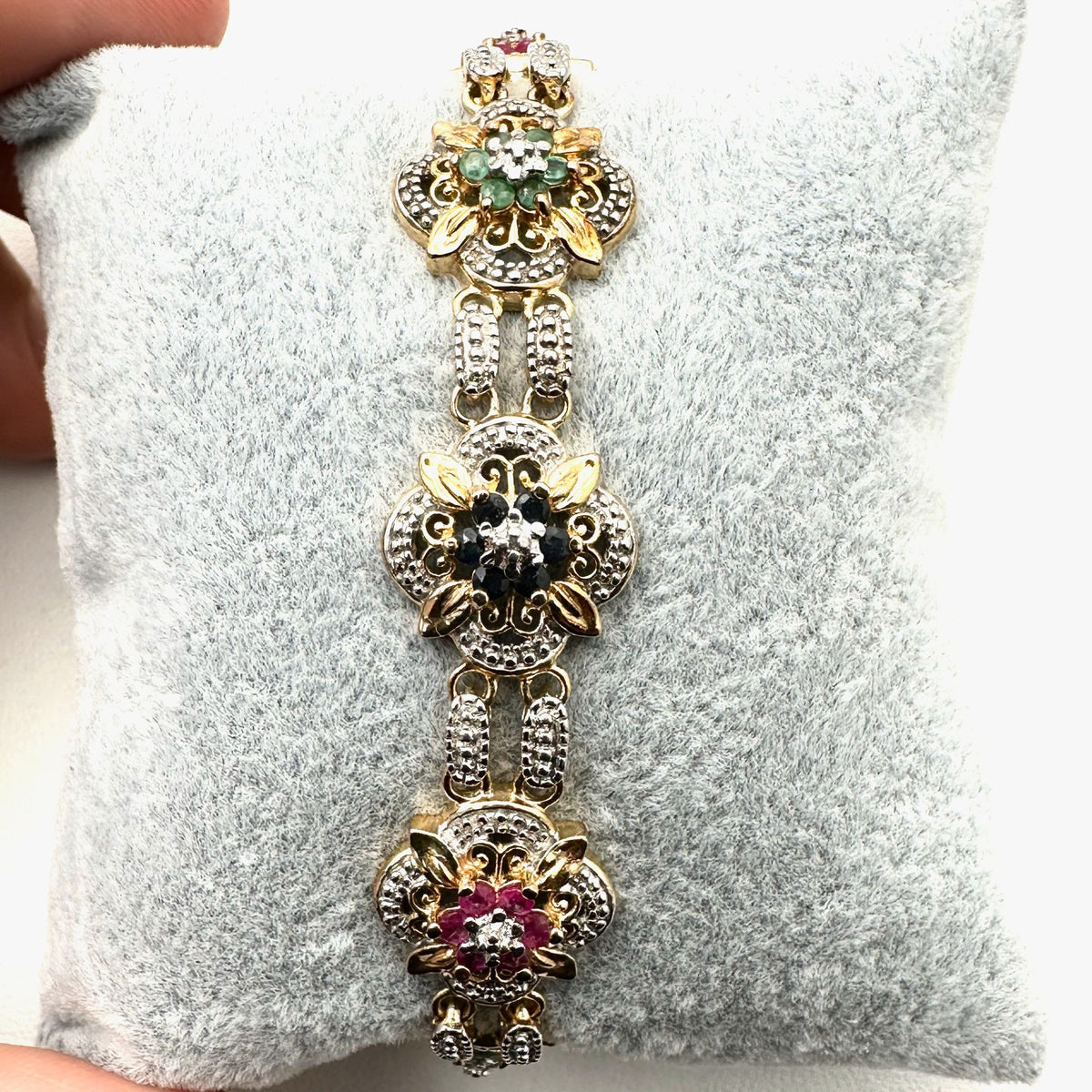 Ross Simons Ruby Emerald Sapphire Diamond Bracelet Gold Plated Sterling Silver