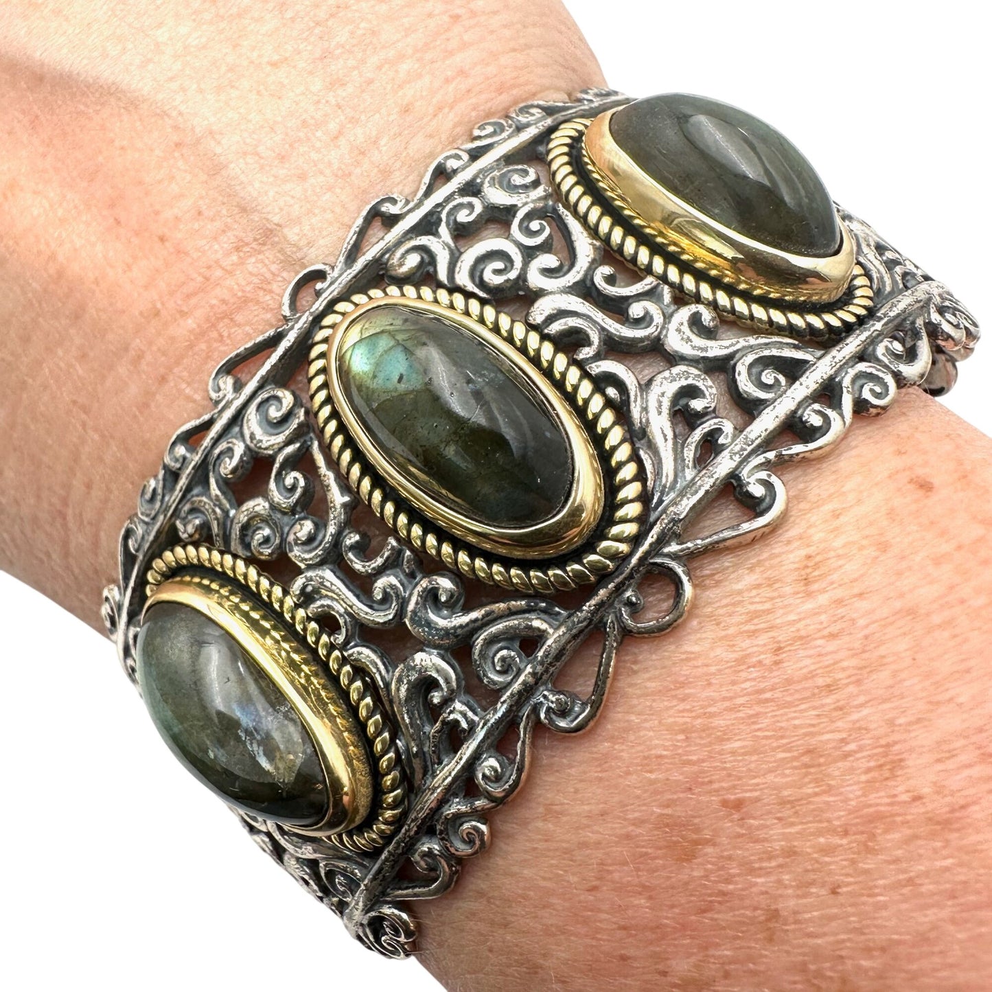 Carolyn Pollack Bracelet Labradorite Sterling Silver Brass Wide Cuff