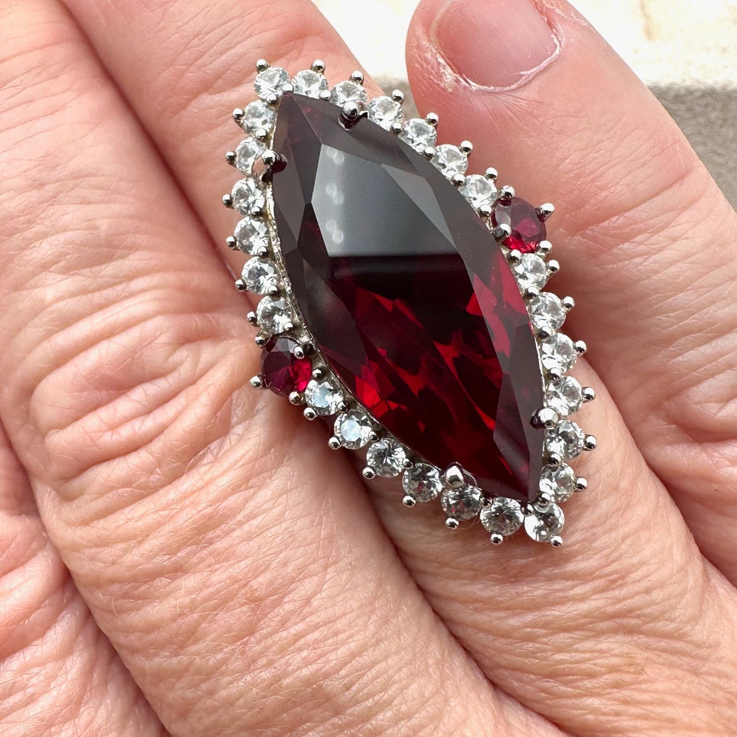 Ruby White Sapphire Ring Sterling Silver Statement Jewelry Size 8