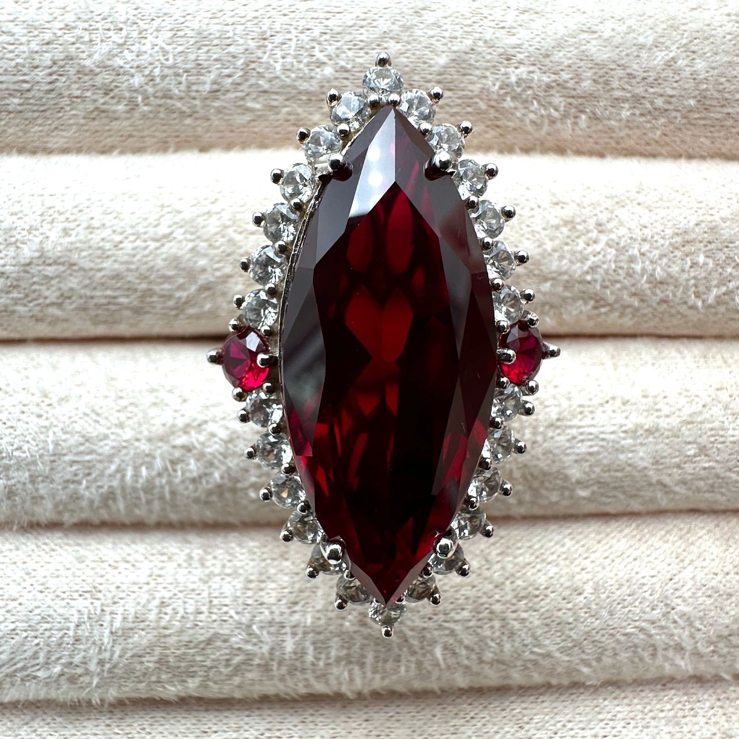 Ruby White Sapphire Ring Sterling Silver Statement Jewelry Size 8