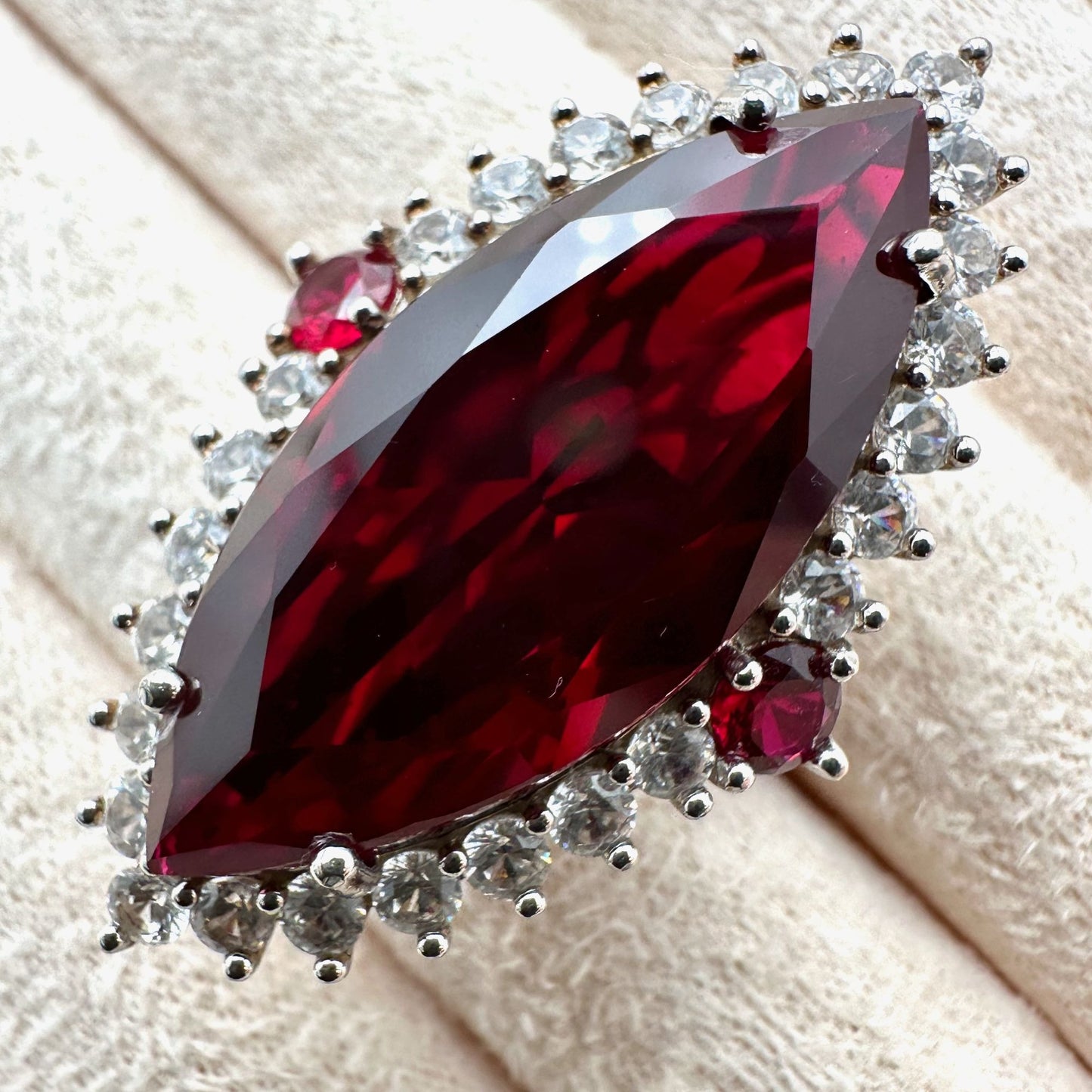 Ruby White Sapphire Ring Sterling Silver Statement Jewelry Size 8