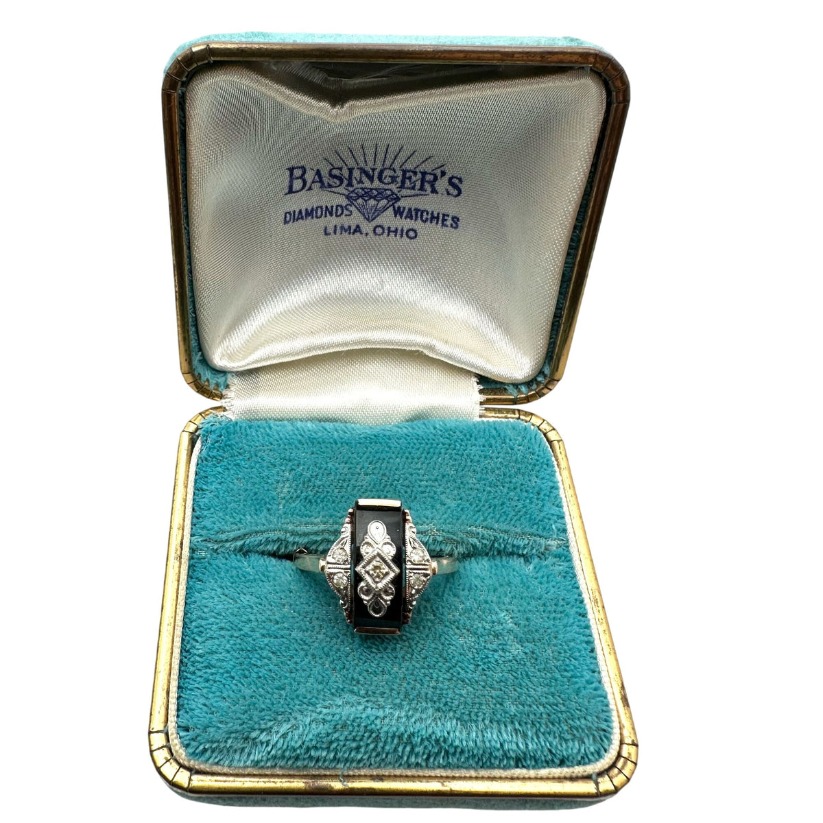 Antique Art Deco 10K Gold Diamond Black Onyx Ring Size 7.25 Box Included