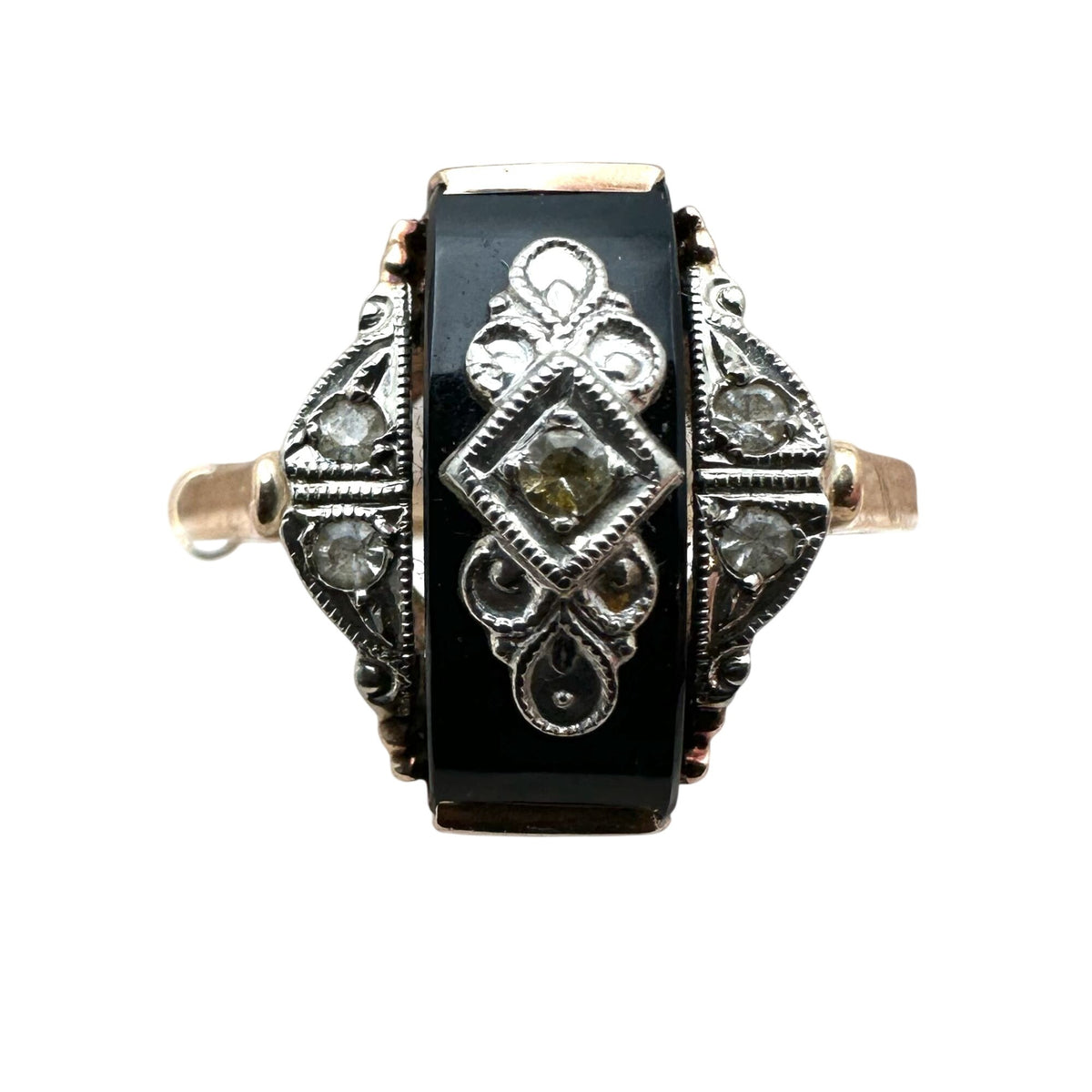 Antique Art Deco 10K Gold Diamond Black Onyx Ring Size 7.25 Box Included
