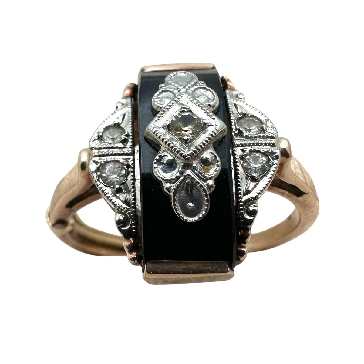 Antique Art Deco 10K Gold Diamond Black Onyx Ring Size 7.25 Box Included