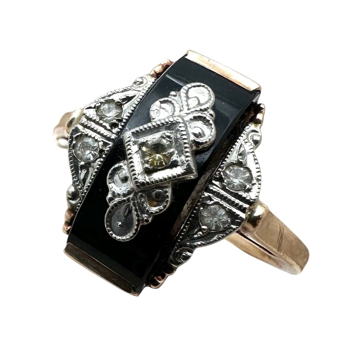 Antique Art Deco 10K Gold Diamond Black Onyx Ring Size 7.25 Box Included