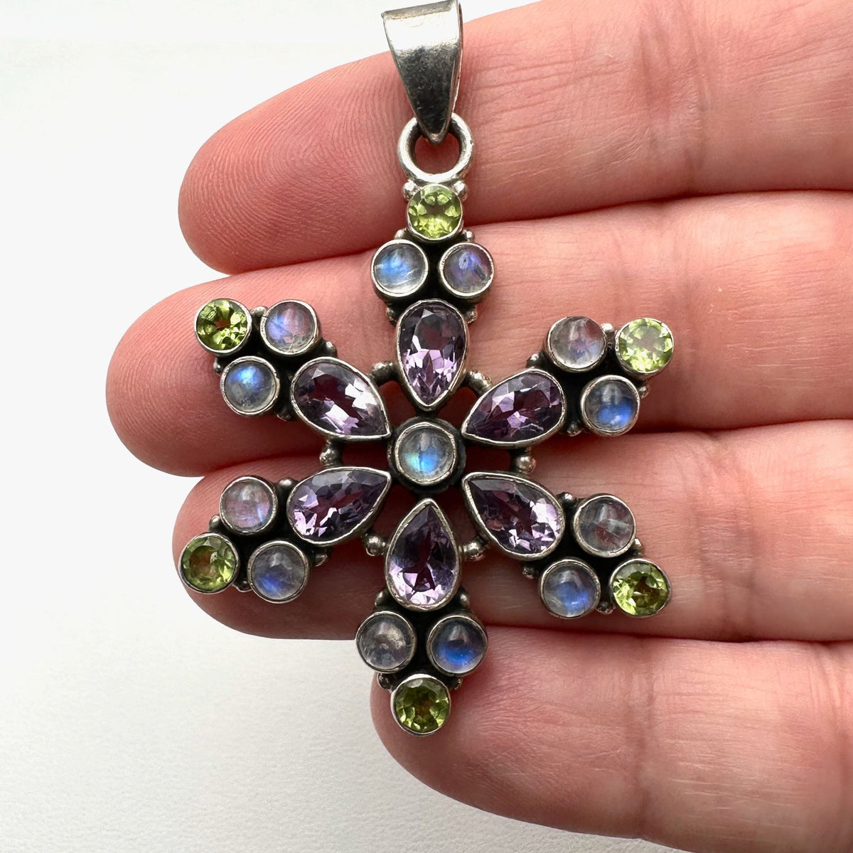 Multi Gemstone Sterling Silver Pendant Purple Amethyst Moonstone Green Peridot