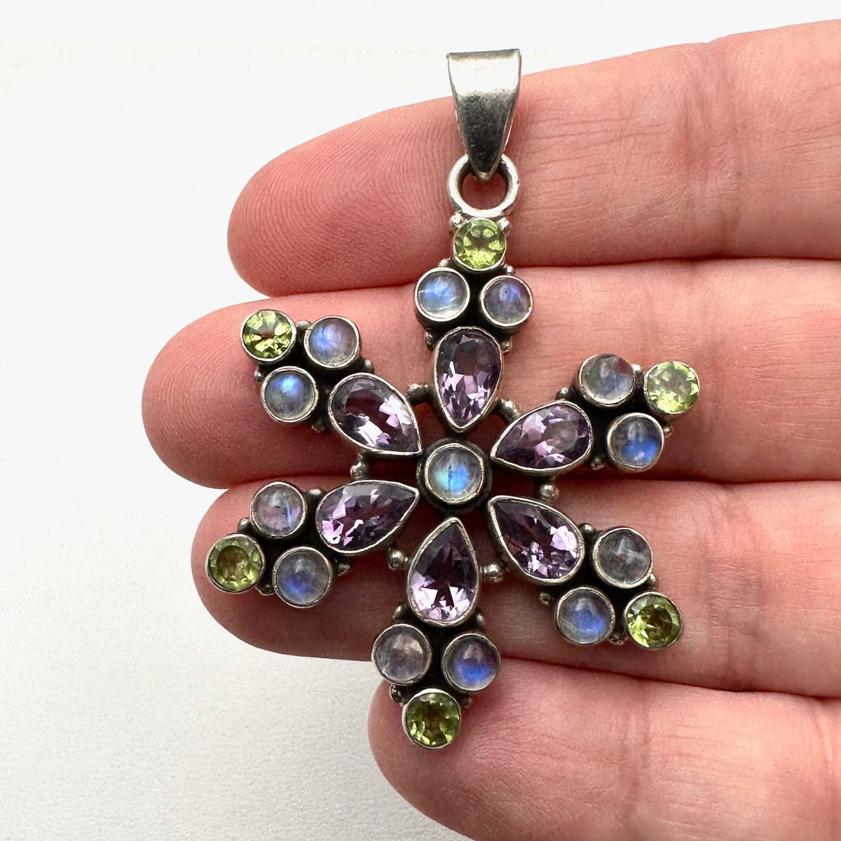 Multi Gemstone Sterling Silver Pendant Purple Amethyst Moonstone Green Peridot
