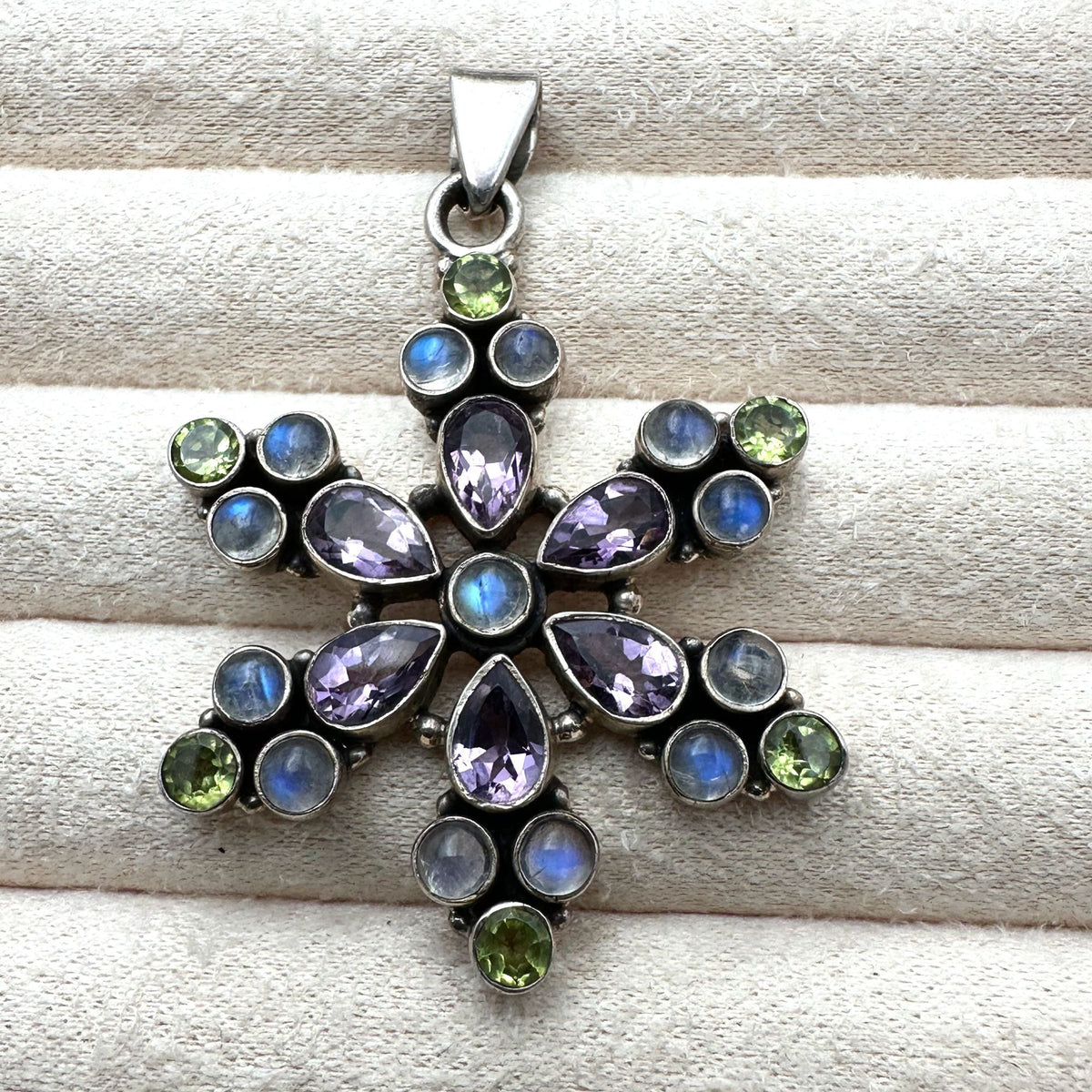 Multi Gemstone Sterling Silver Pendant Purple Amethyst Moonstone Green Peridot