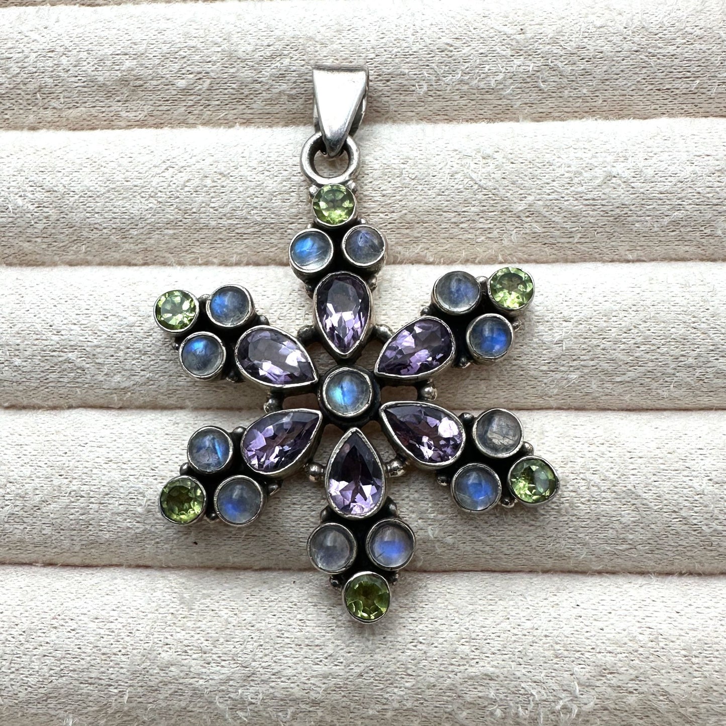 Multi Gemstone Sterling Silver Pendant Purple Amethyst Moonstone Green Peridot