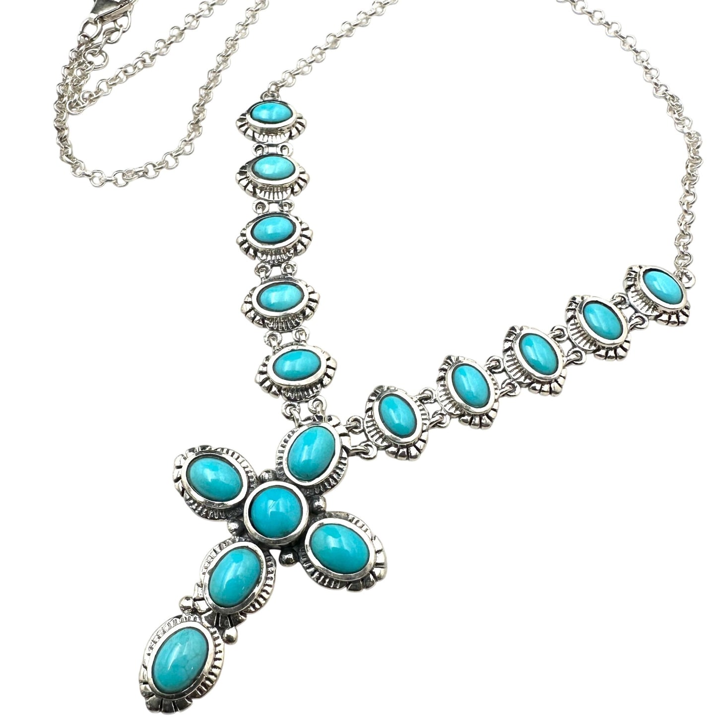 Sleeping Beauty Turquoise Sterling Silver Necklace Cross Pendant 18 Inch