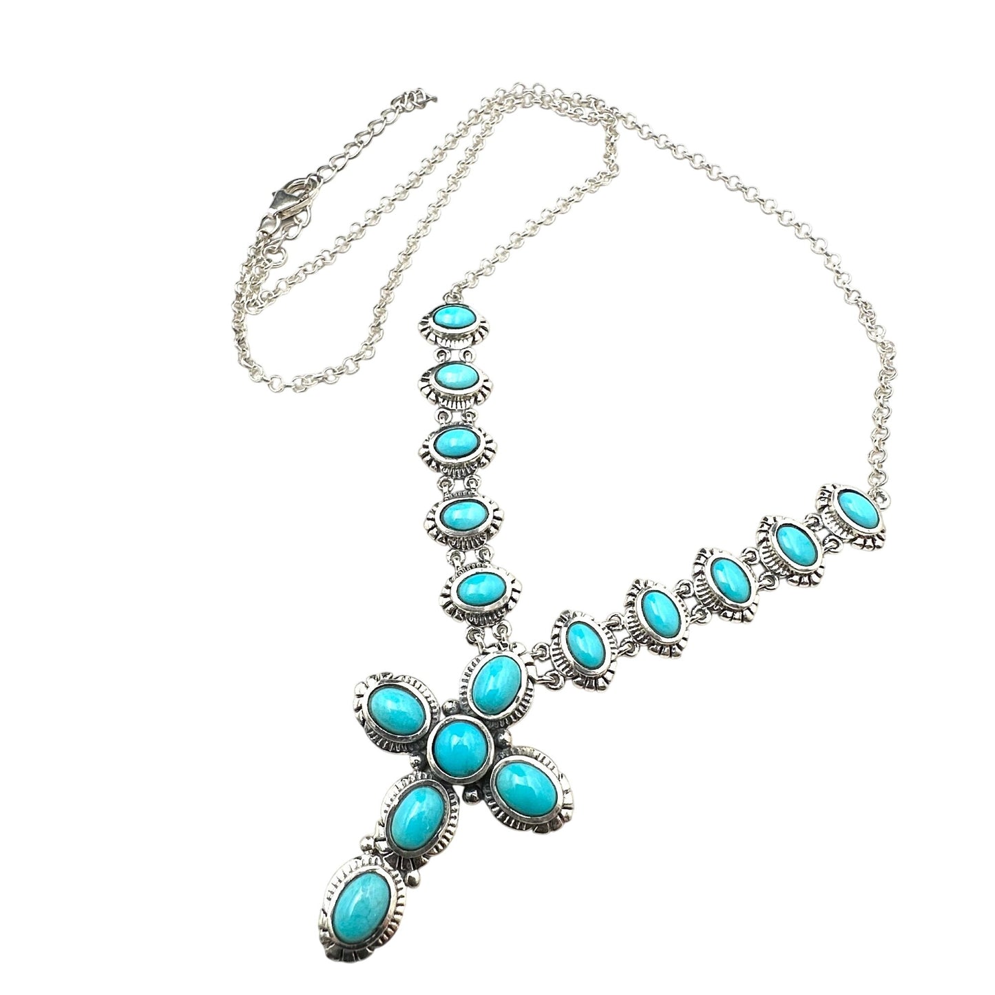 Sleeping Beauty Turquoise Sterling Silver Necklace Cross Pendant 18 Inch