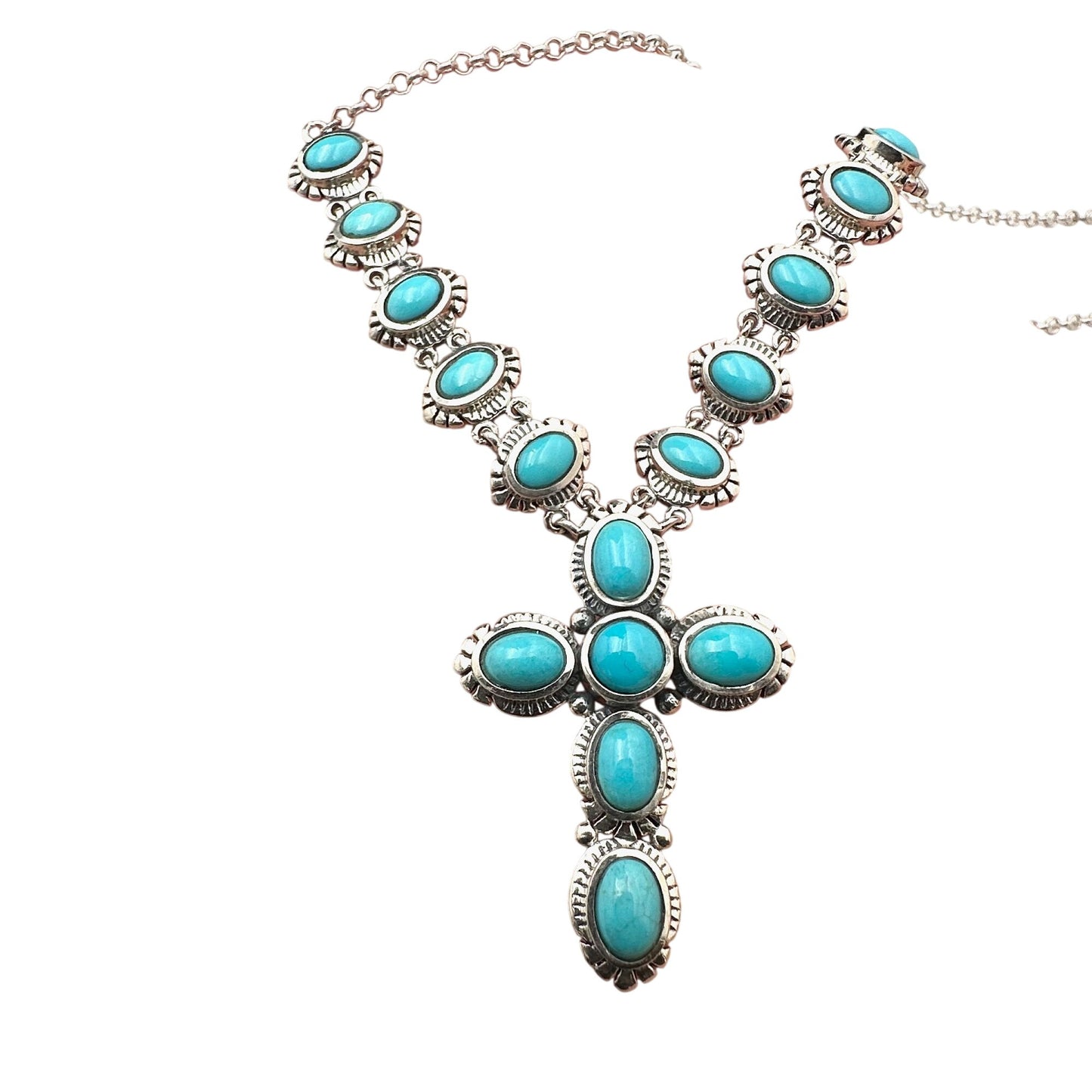 Sleeping Beauty Turquoise Sterling Silver Necklace Cross Pendant 18 Inch