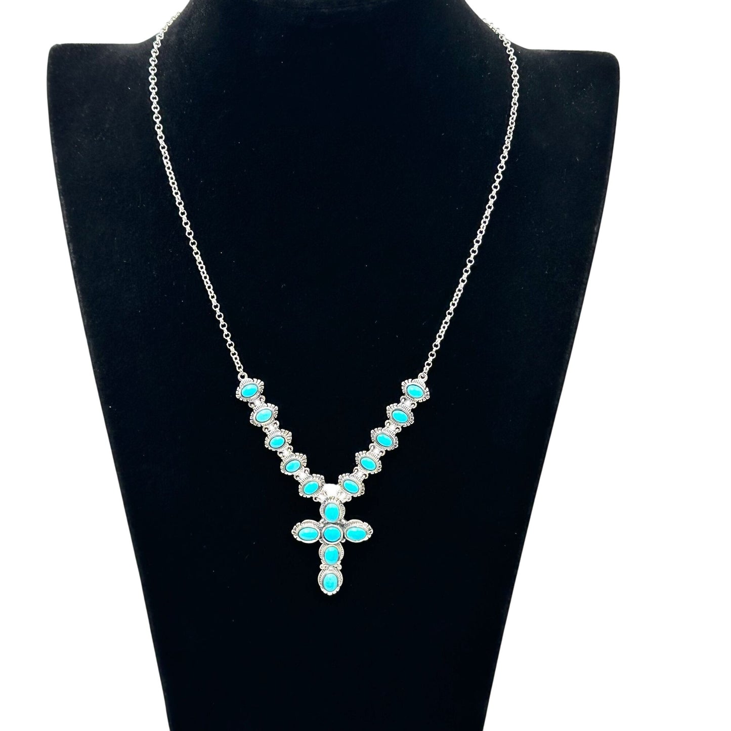 Sleeping Beauty Turquoise Sterling Silver Necklace Cross Pendant 18 Inch