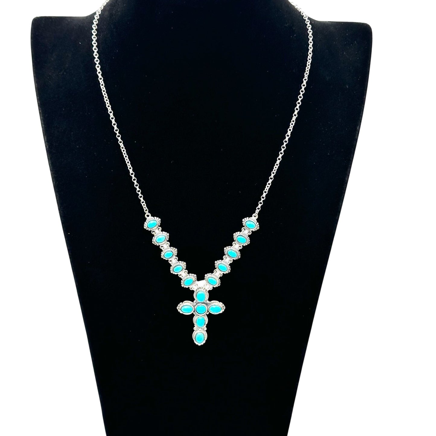 Sleeping Beauty Turquoise Sterling Silver Necklace Cross Pendant 18 Inch
