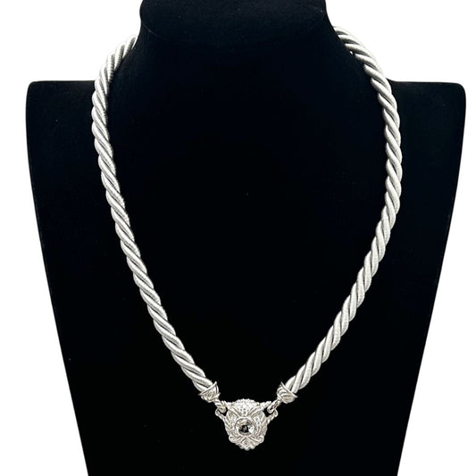 Judith Ripka Necklace Grey Silk Cord Sterling Silver Cubic Zirconia 18 Inch