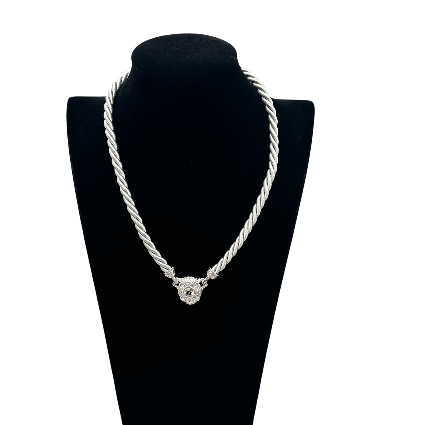 Judith Ripka Necklace Grey Silk Cord Sterling Silver Cubic Zirconia 18 Inch