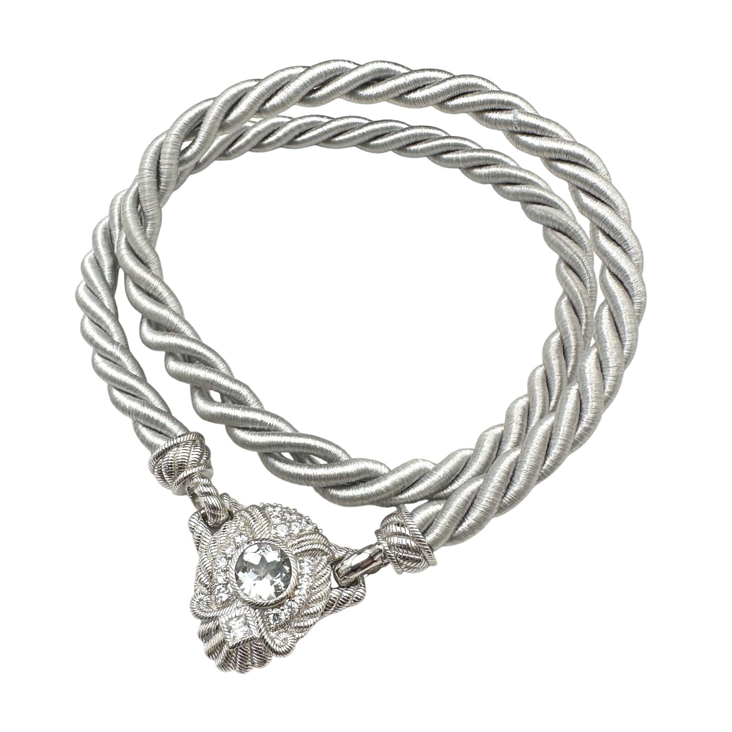 Judith Ripka Necklace Grey Silk Cord Sterling Silver Cubic Zirconia 18 Inch