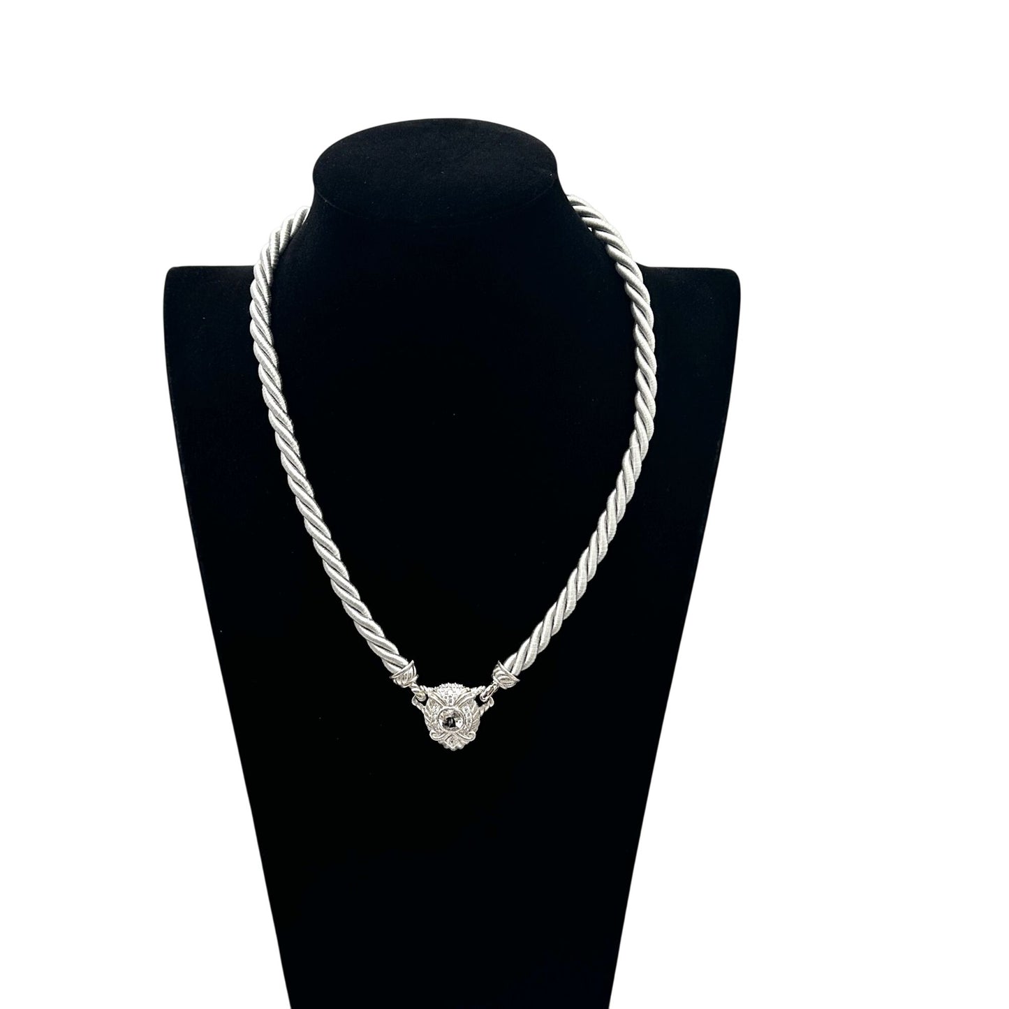 Judith Ripka Necklace Grey Silk Cord Sterling Silver Cubic Zirconia 18 Inch