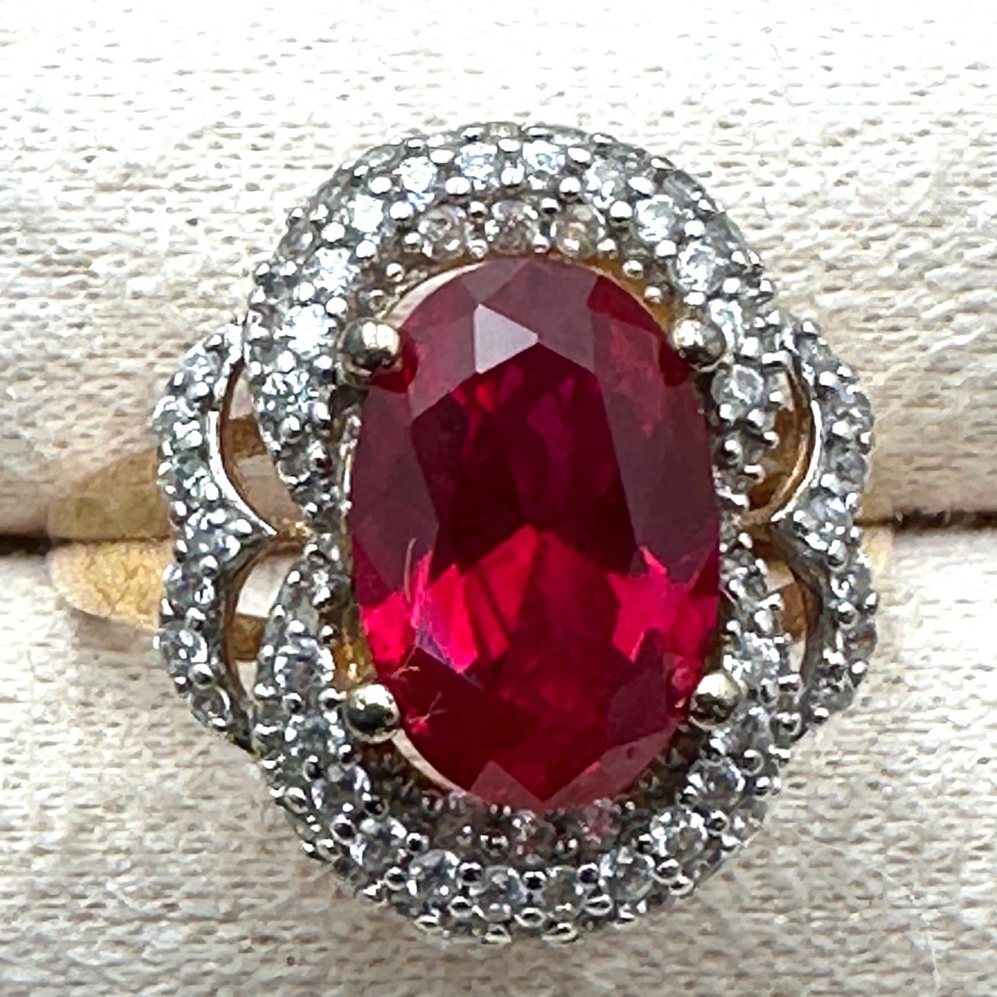 Vintage Red Ruby Diamond Ring Gold Plated Sterling Silver Size 8