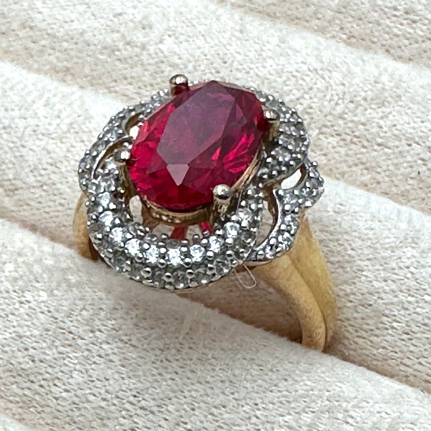 Vintage Red Ruby Diamond Ring Gold Plated Sterling Silver Size 8