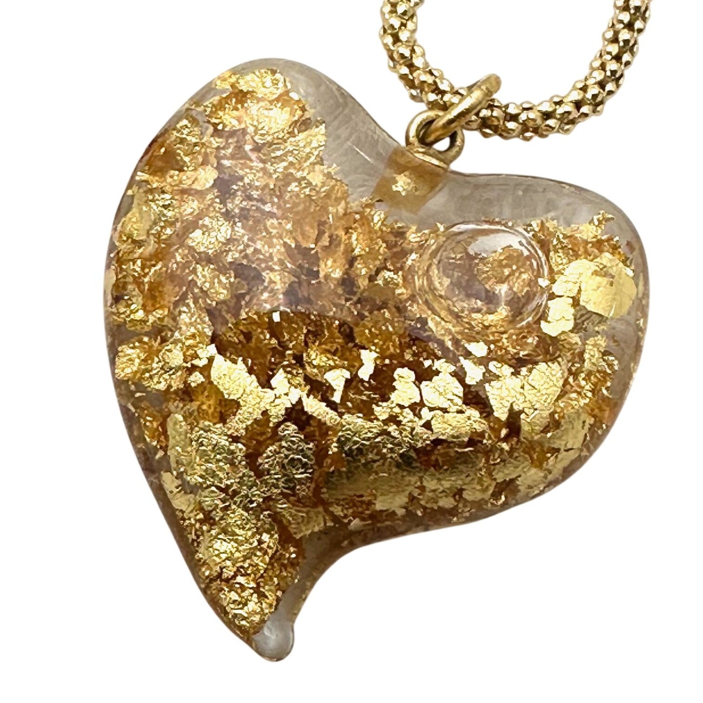 Vintage Witches Heart 24K Floating Gold Flake Glass Heart Pendant Necklace