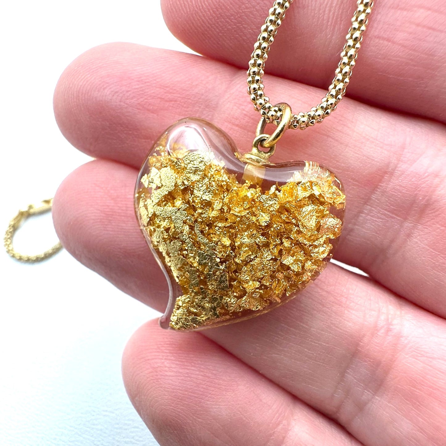 Vintage Witches Heart 24K Floating Gold Flake Glass Heart Pendant Necklace