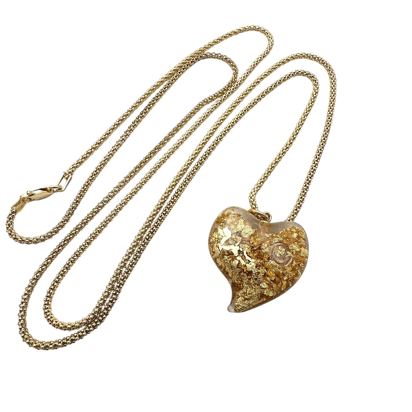 Vintage Witches Heart 24K Floating Gold Flake Glass Heart Pendant Necklace
