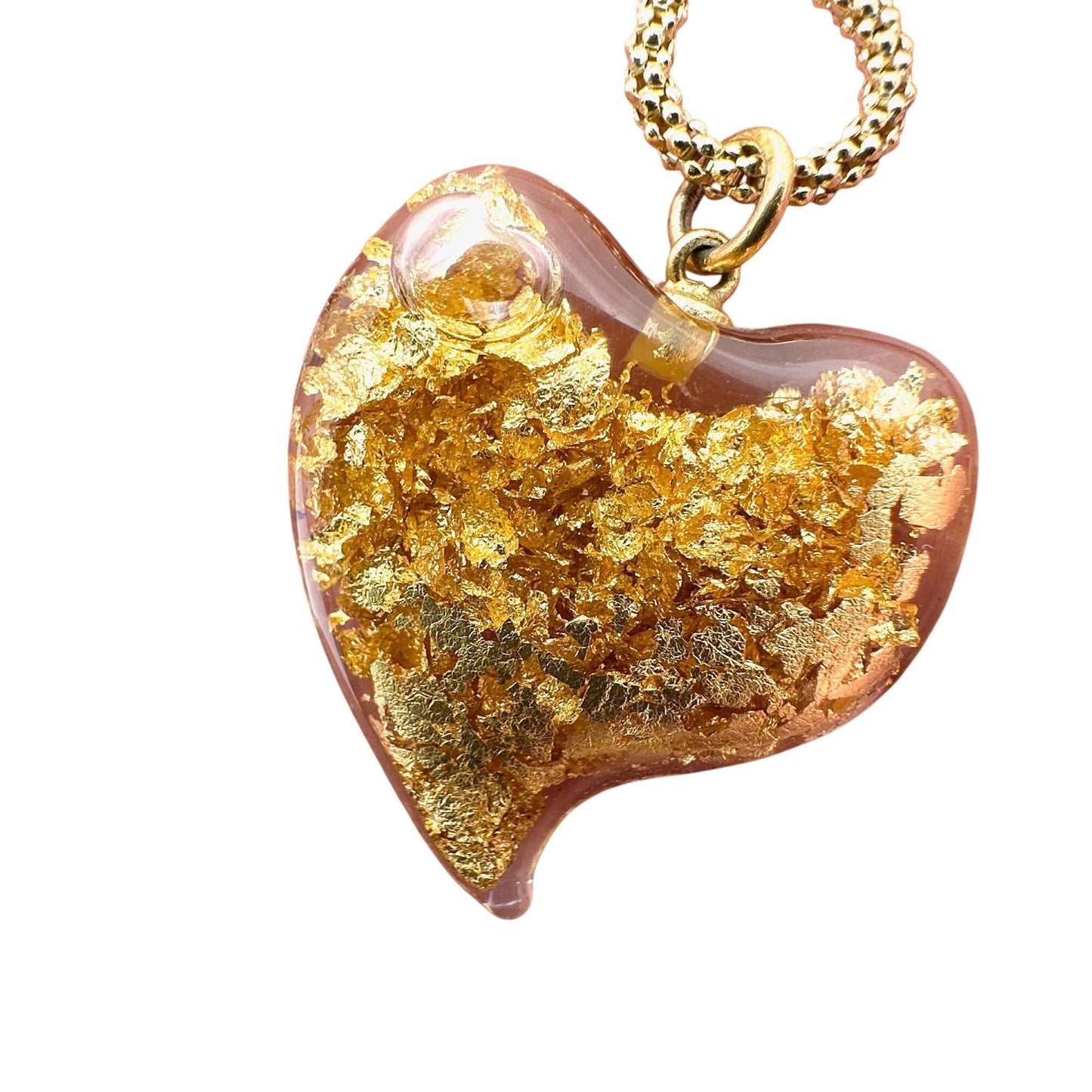 Vintage Witches Heart 24K Floating Gold Flake Glass Heart Pendant Necklace