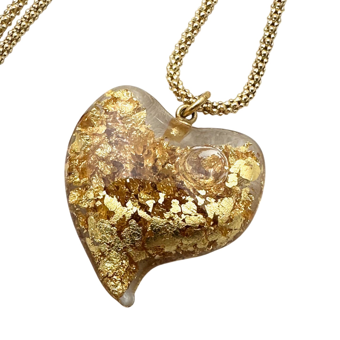 Vintage Witches Heart 24K Floating Gold Flake Glass Heart Pendant Necklace