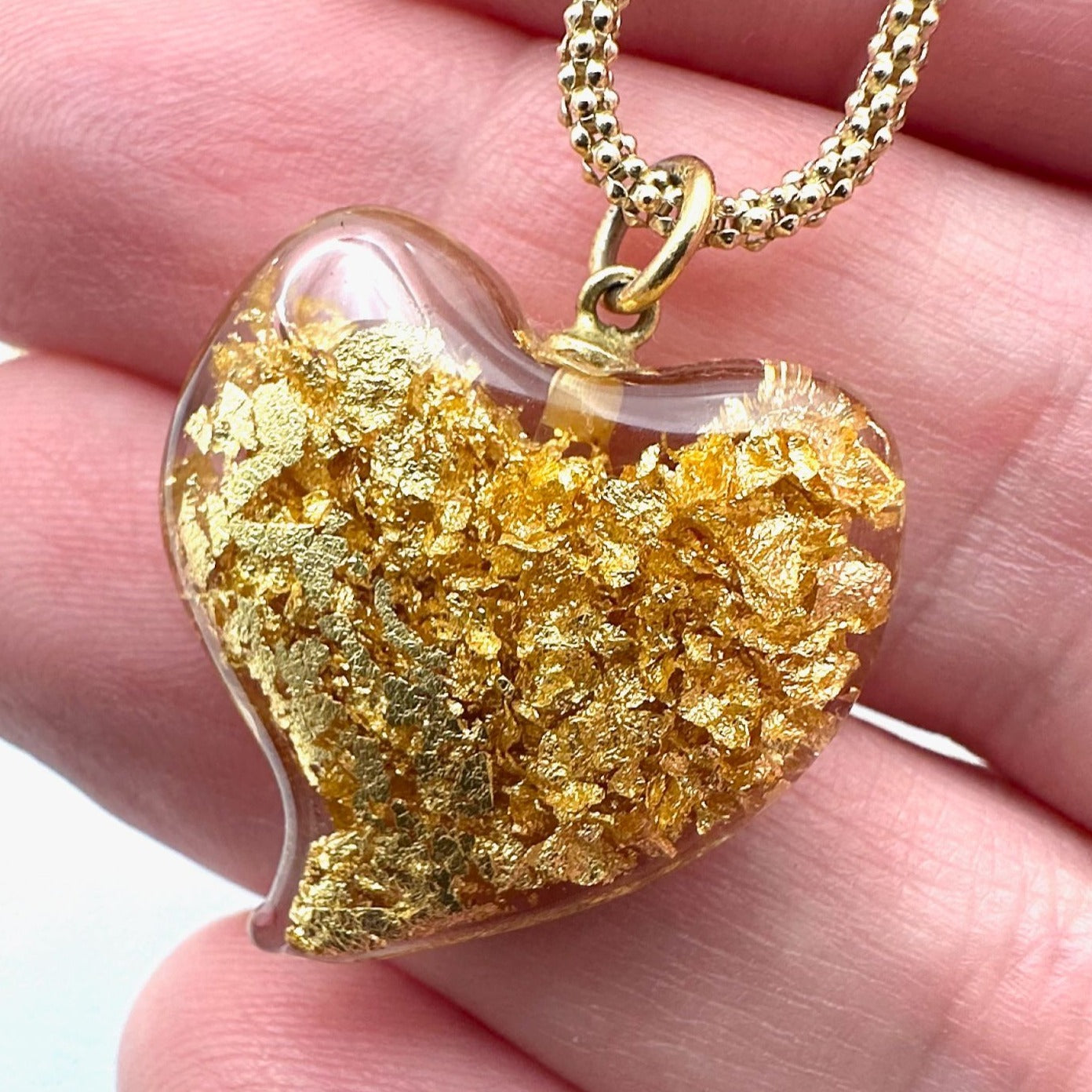 Vintage Witches Heart 24K Floating Gold Flake Glass Heart Pendant Necklace
