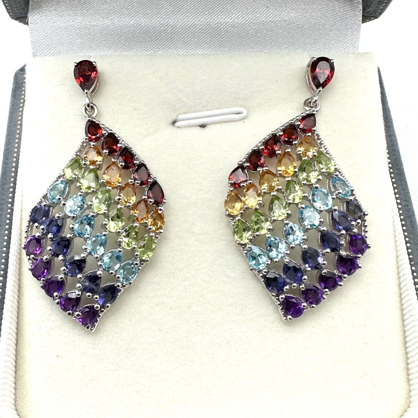 Chuck Clemency Earrings Multi Gemstone Sterling Silver Pierced 1.5 Inch