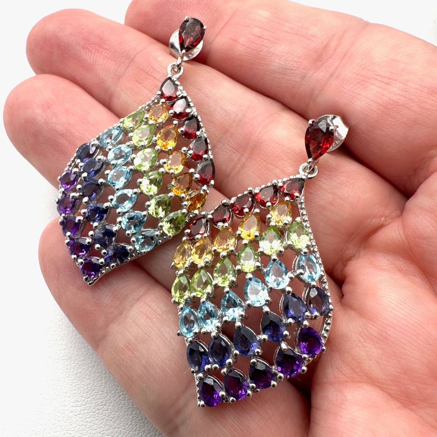 Chuck Clemency Earrings Multi Gemstone Sterling Silver Pierced 1.5 Inch
