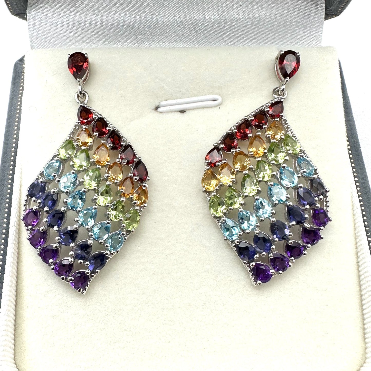Chuck Clemency Earrings Multi Gemstone Sterling Silver Pierced 1.5 Inch
