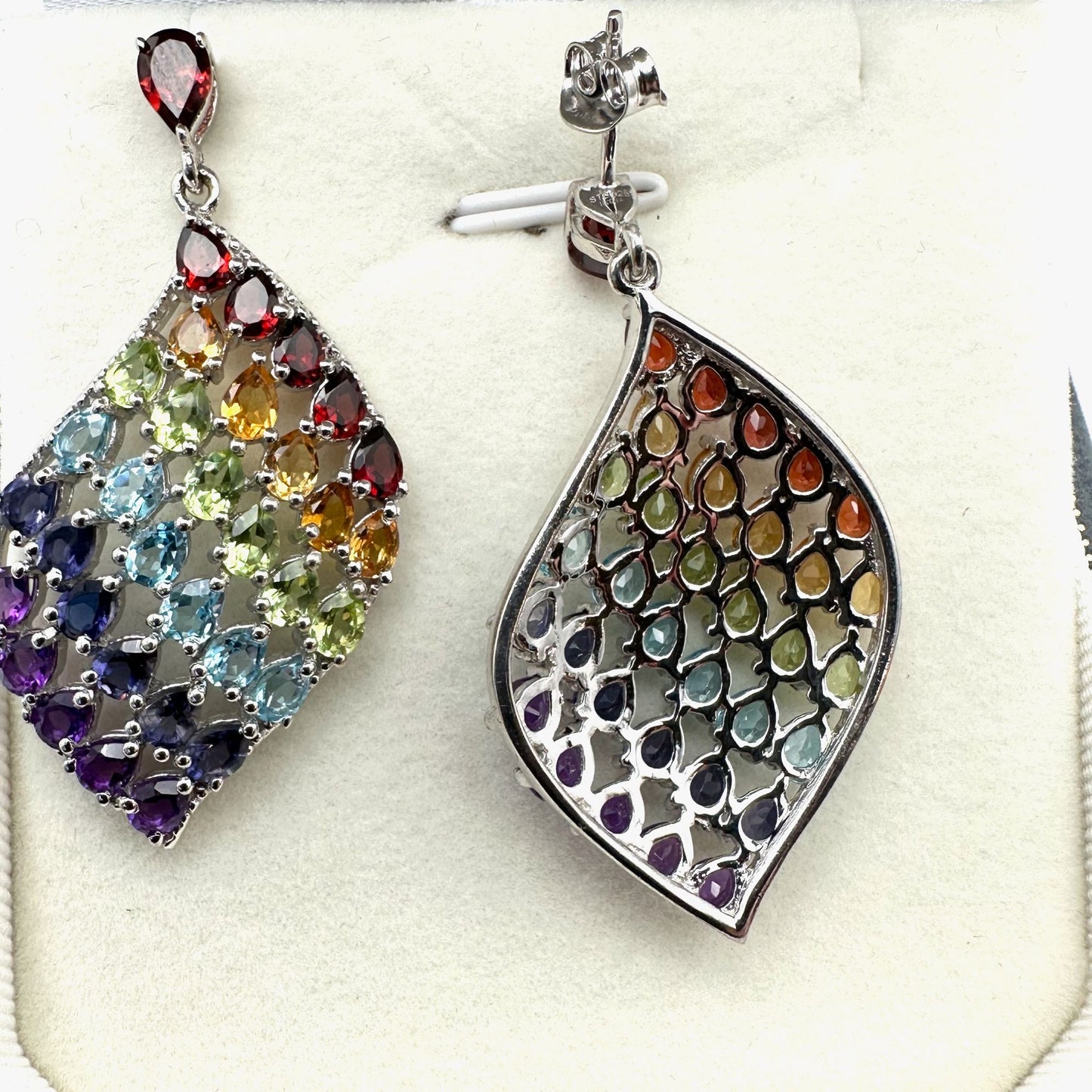 Chuck Clemency Earrings Multi Gemstone Sterling Silver Pierced 1.5 Inch
