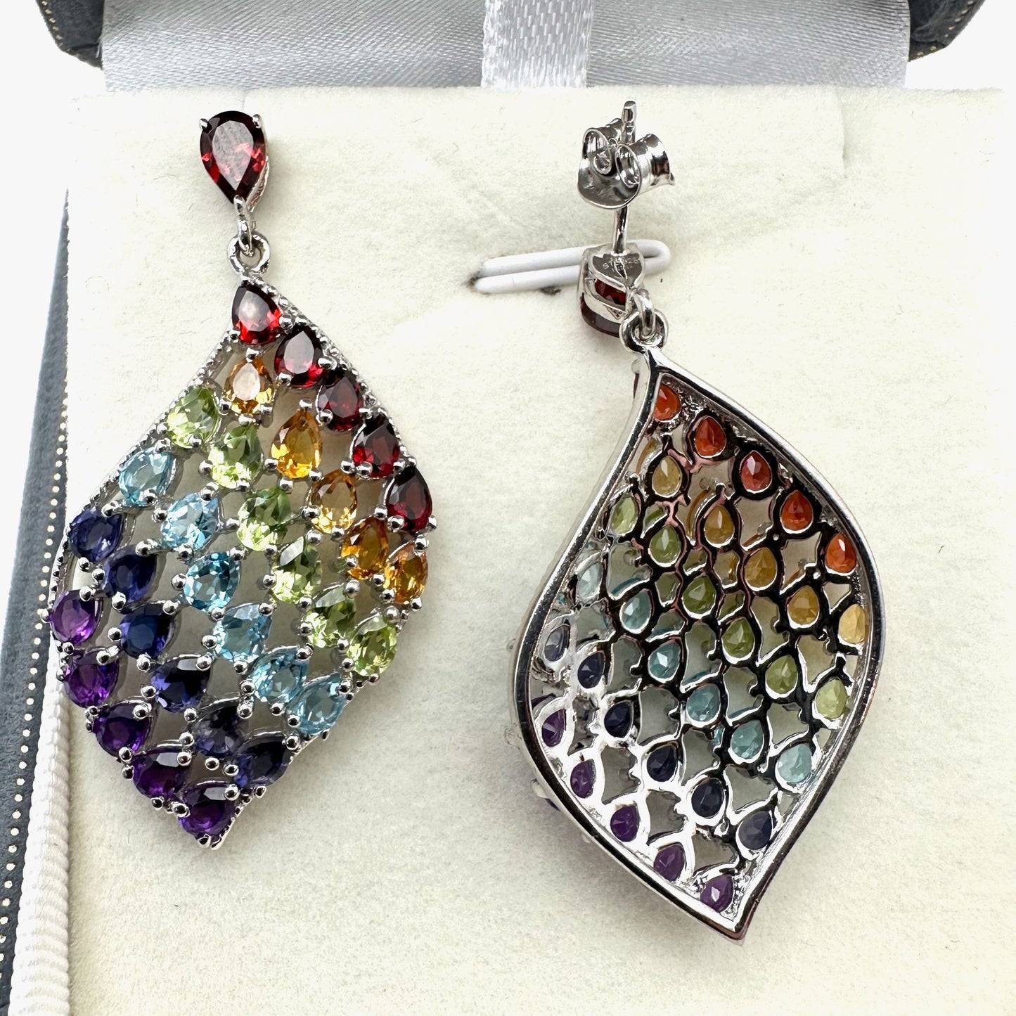 Chuck Clemency Earrings Multi Gemstone Sterling Silver Pierced 1.5 Inch