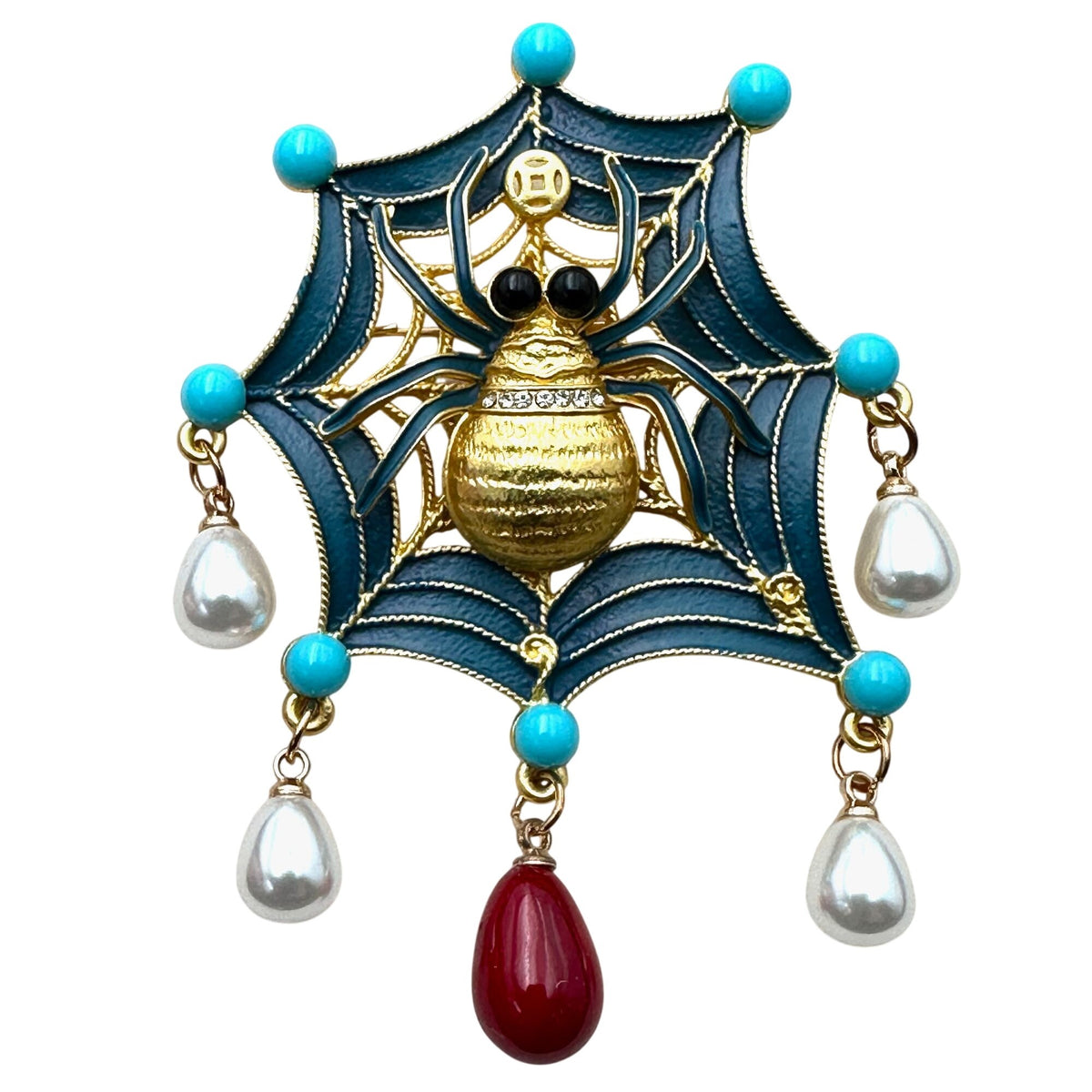 Fall Halloween Blue Red Enamel Matte Gold Tone Spider Brooch Pin 3 Inch