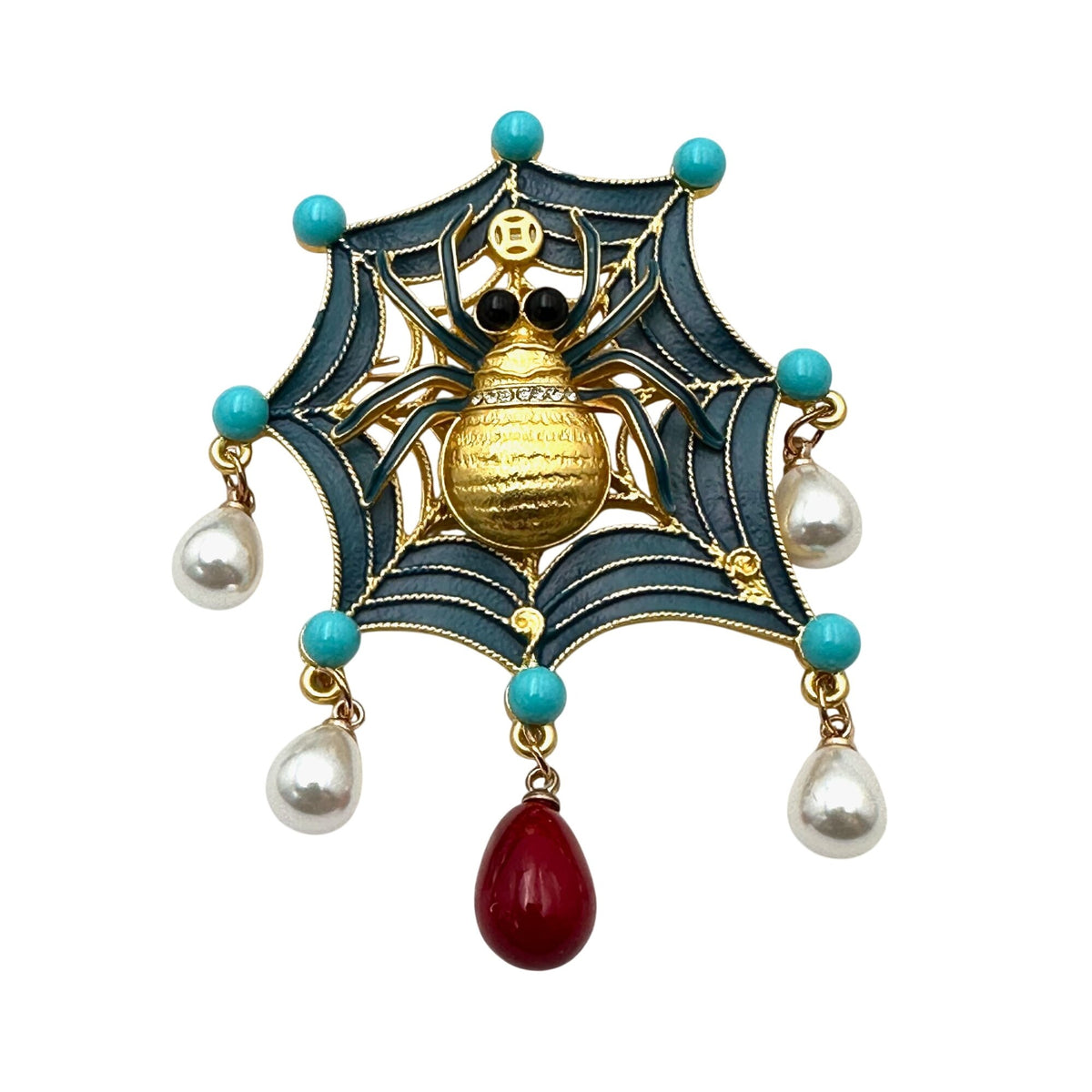 Fall Halloween Blue Red Enamel Matte Gold Tone Spider Brooch Pin 3 Inch