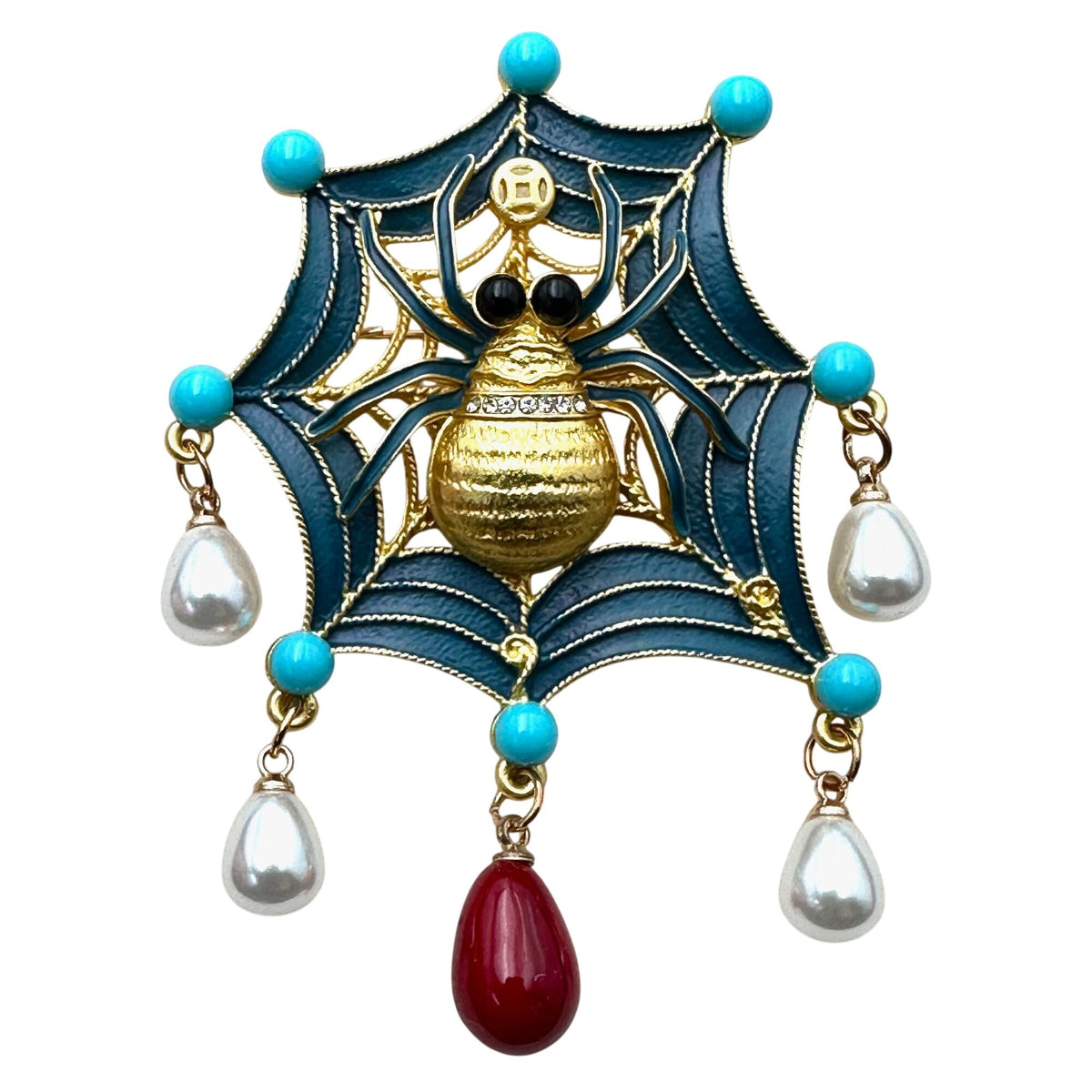 Fall Halloween Blue Red Enamel Matte Gold Tone Spider Brooch Pin 3 Inch