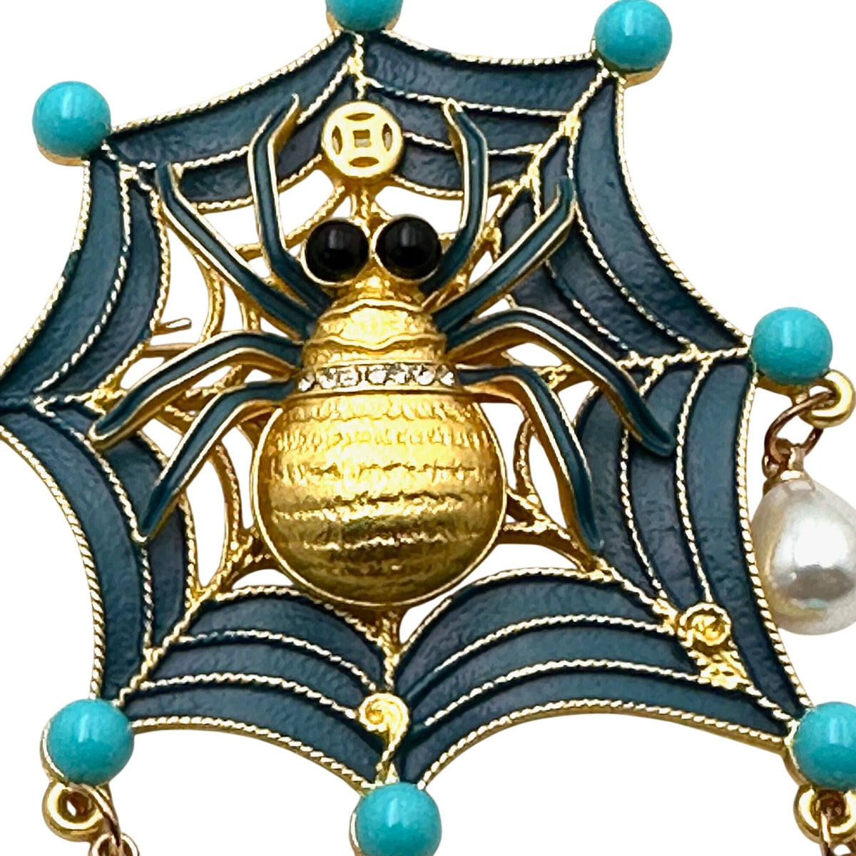Fall Halloween Blue Red Enamel Matte Gold Tone Spider Brooch Pin 3 Inch