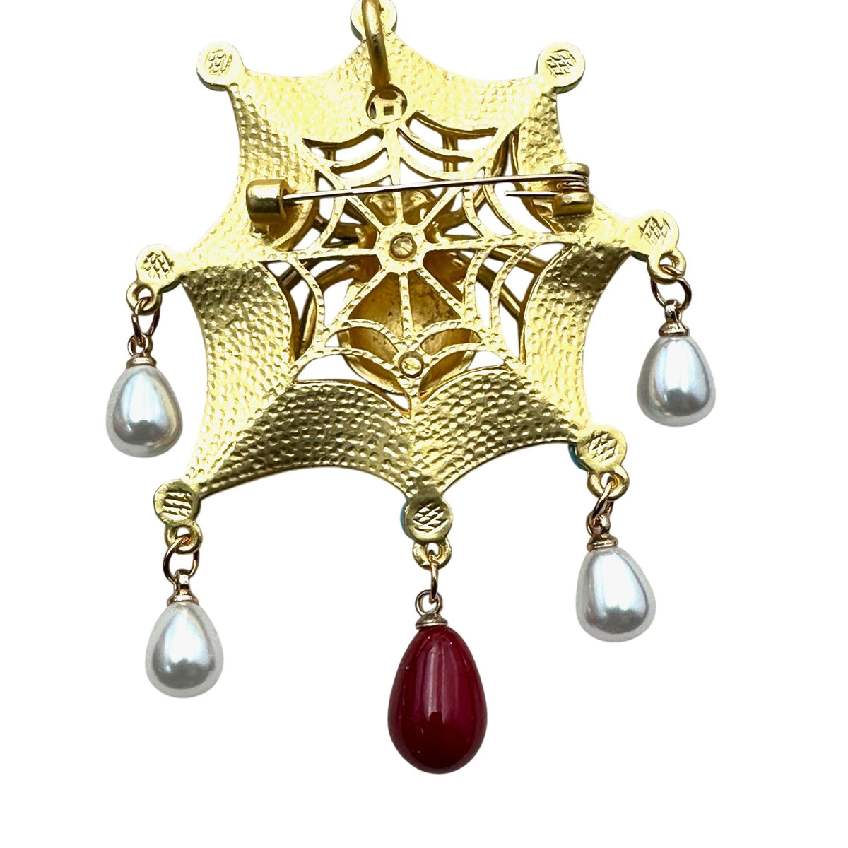 Fall Halloween Blue Red Enamel Matte Gold Tone Spider Brooch Pin 3 Inch