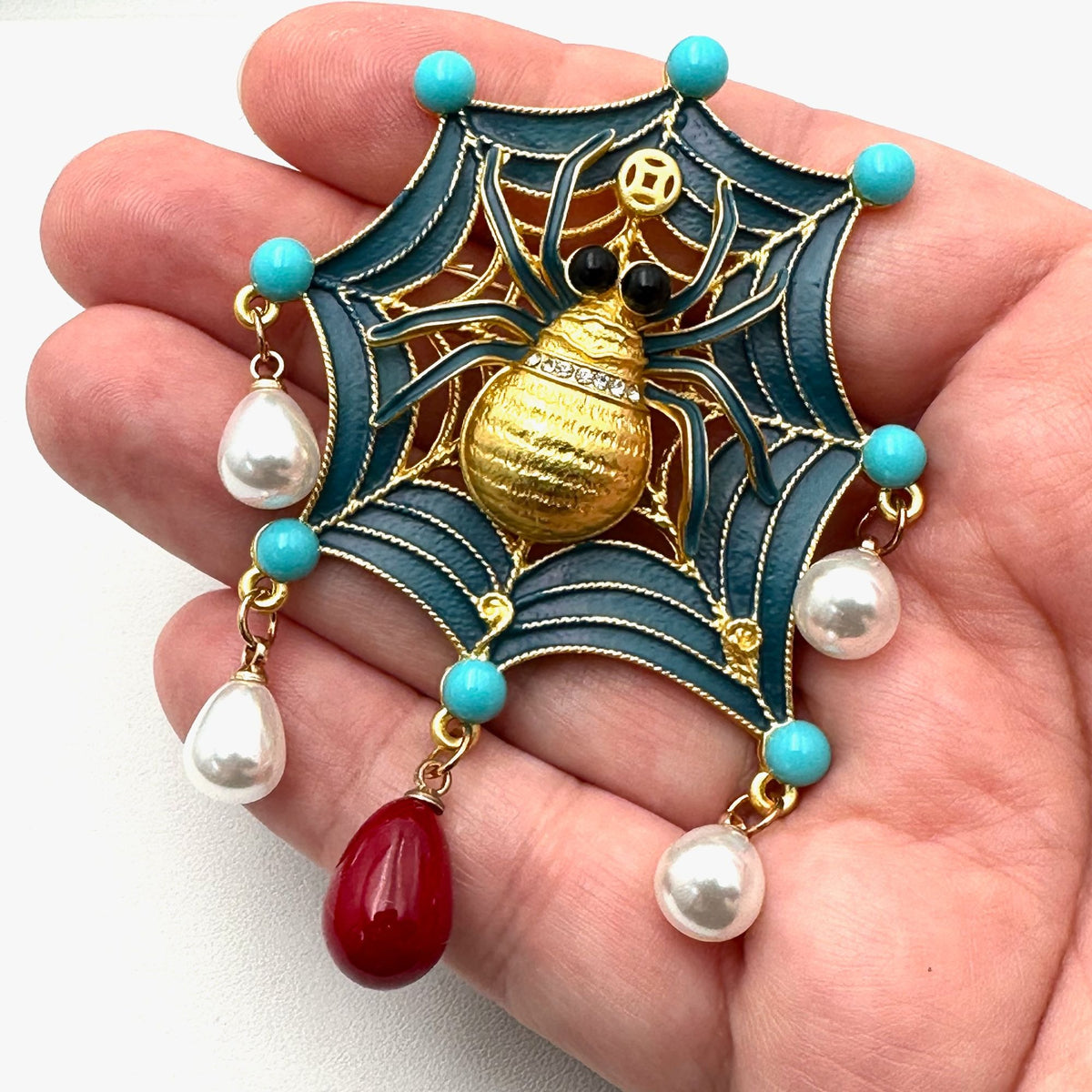 Fall Halloween Blue Red Enamel Matte Gold Tone Spider Brooch Pin 3 Inch
