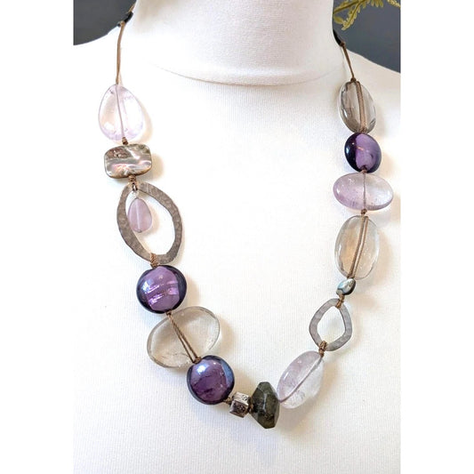 Silpada 925 Silver Long Necklace Purple Amethyst Feldspar Quartz Shell 23 Inch