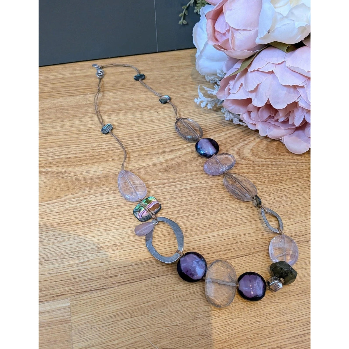 Silpada 925 Silver Long Necklace Purple Amethyst Feldspar Quartz Shell 23 Inch