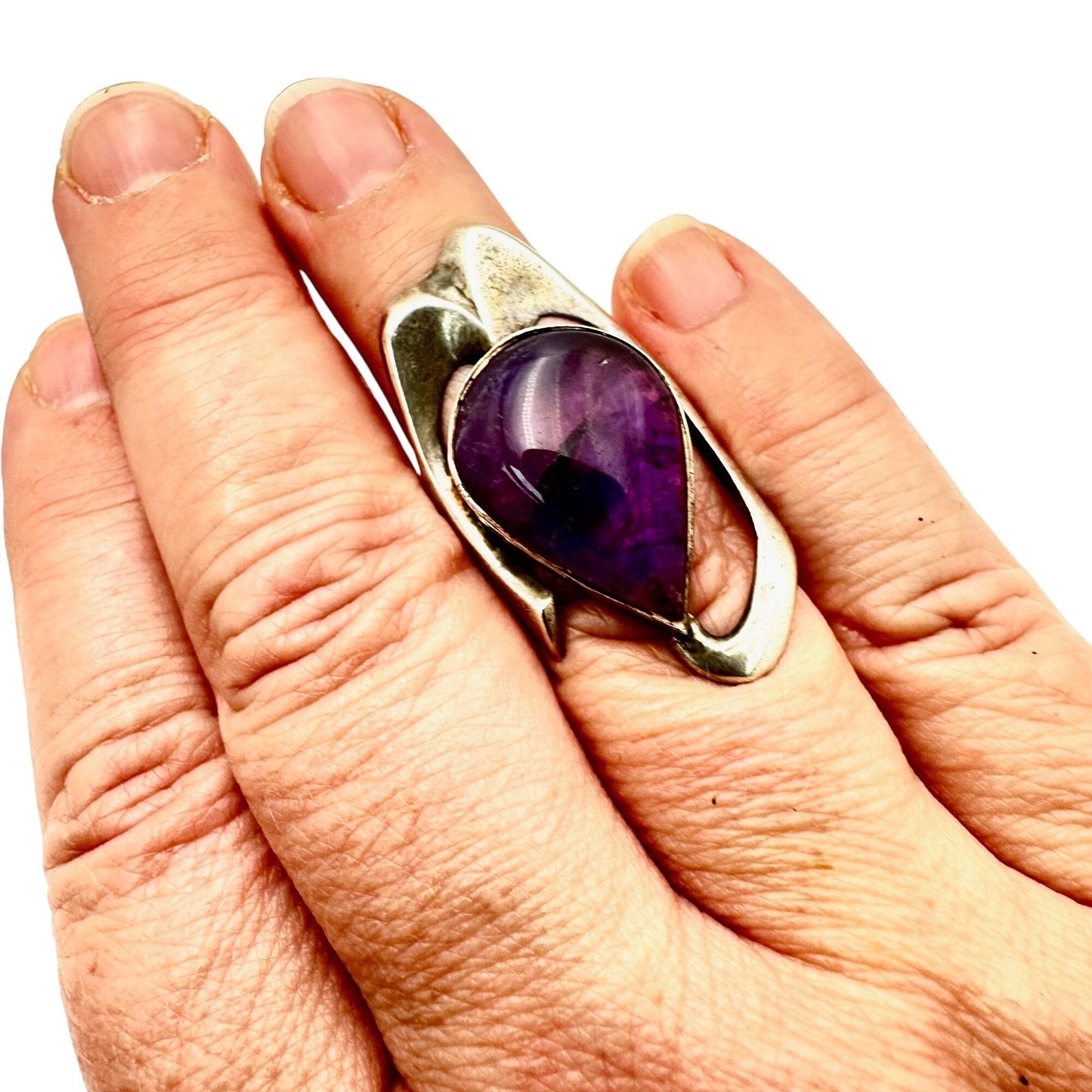 Stunning Vintage Modernist Ring Sterling Silver Amethyst Size 6.5