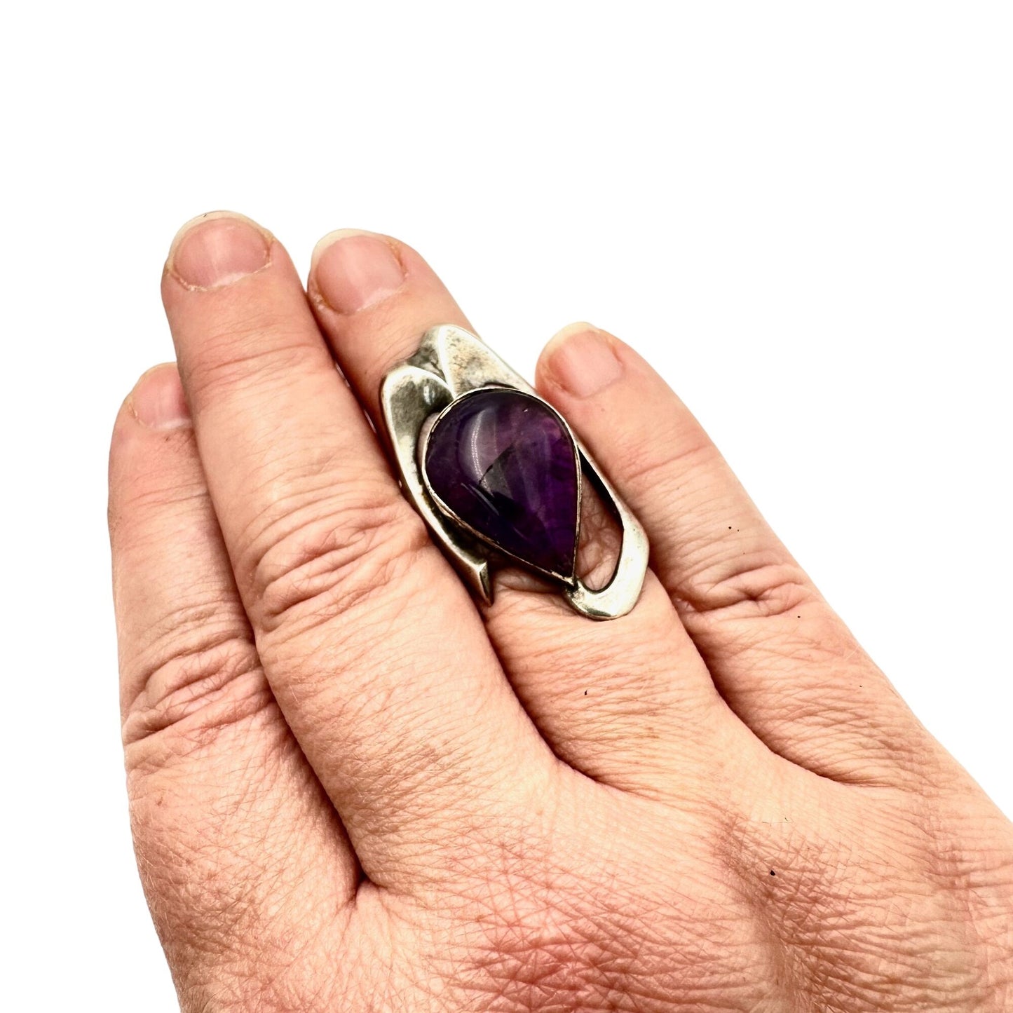 Stunning Vintage Modernist Ring Sterling Silver Amethyst Size 6.5