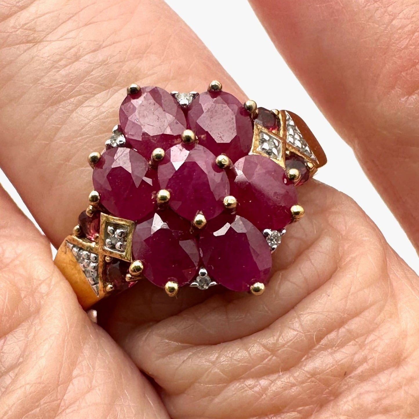 Ruby Diamond Cluster Ring Gold Plated Sterling Silver Size 8 Signed BBJ