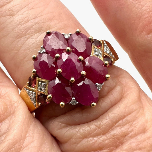 Ruby Diamond Cluster Ring Gold Plated Sterling Silver Size 8 Signed BBJ