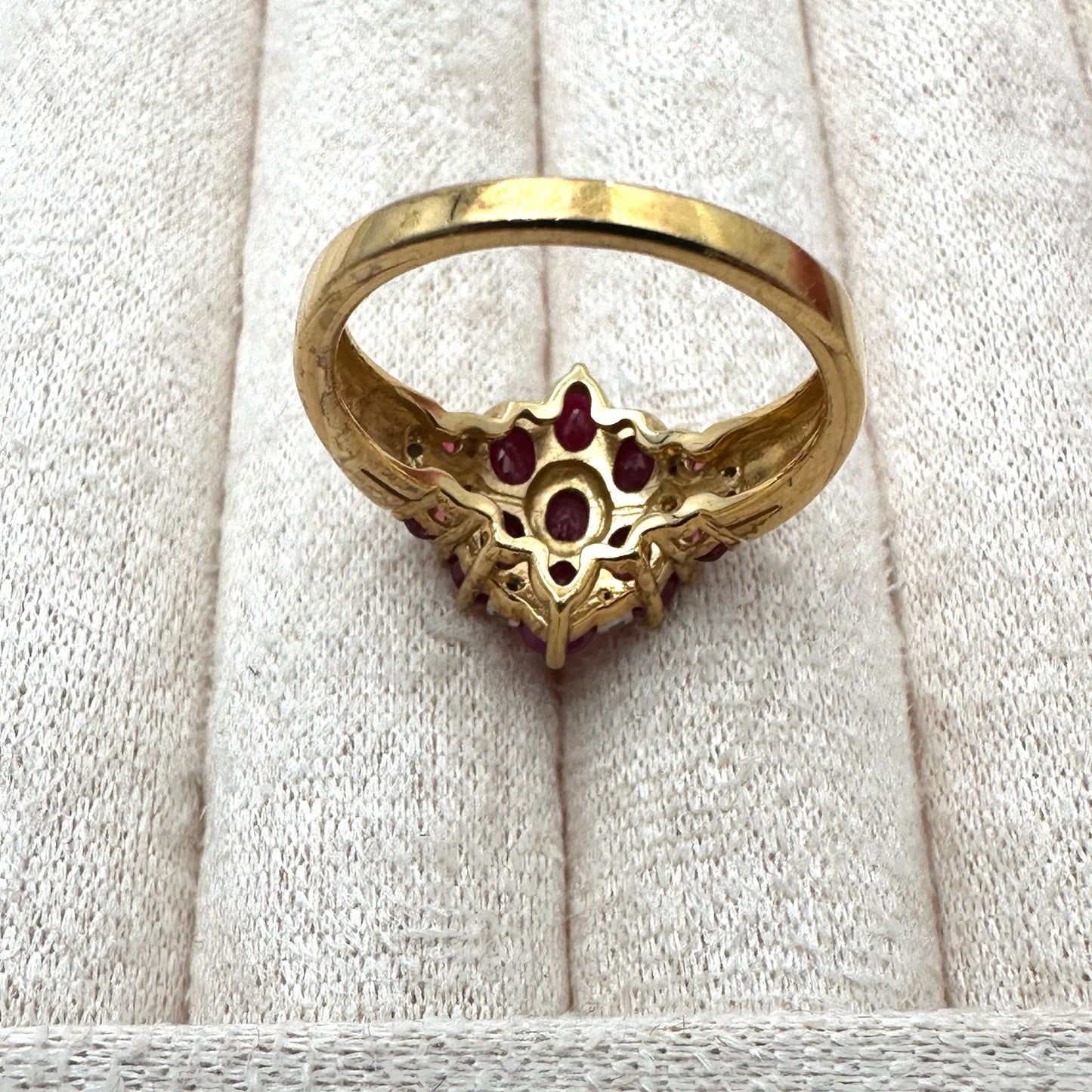 Ruby Diamond Cluster Ring Gold Plated Sterling Silver Size 8 Signed BBJ