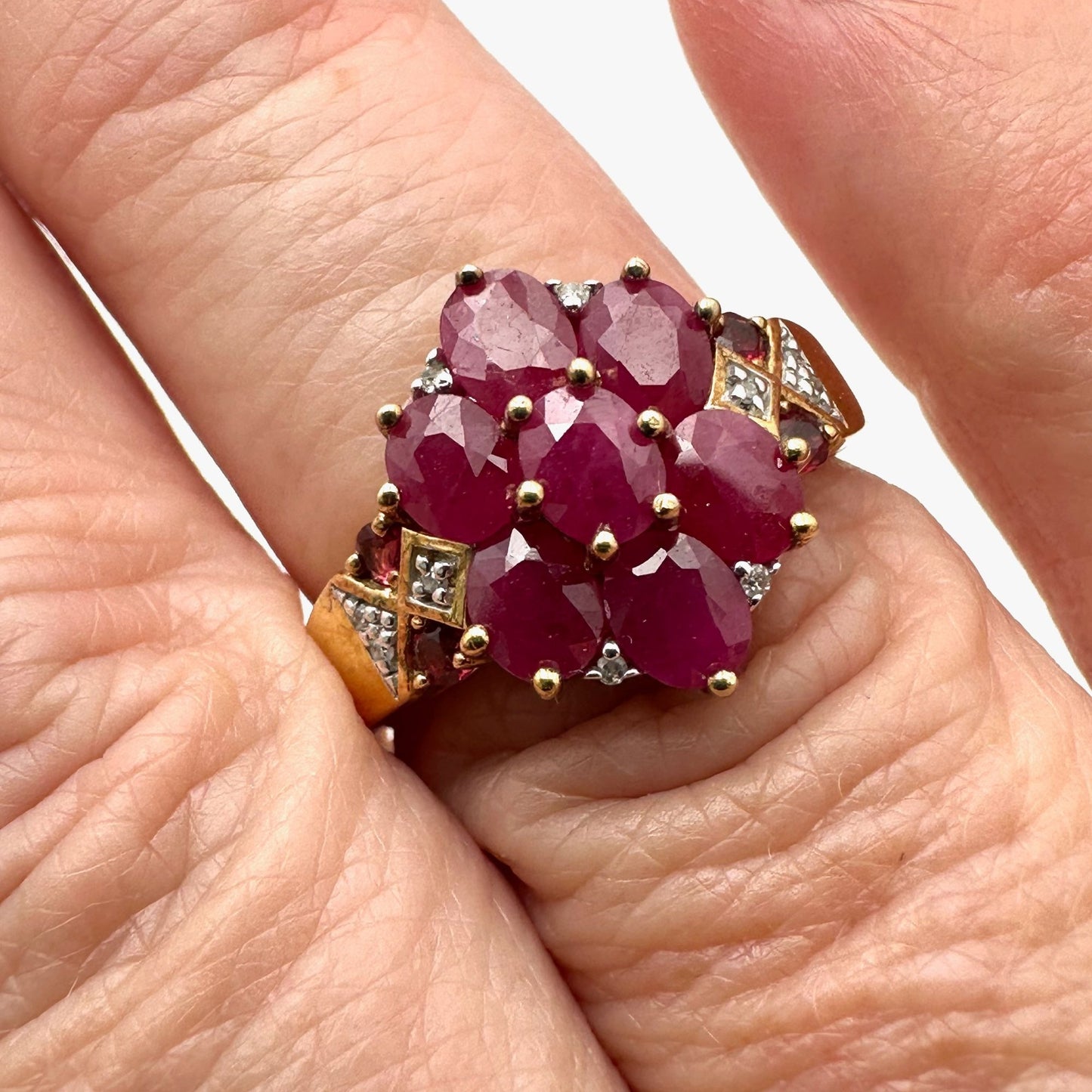 Ruby Diamond Cluster Ring Gold Plated Sterling Silver Size 8 Signed BBJ